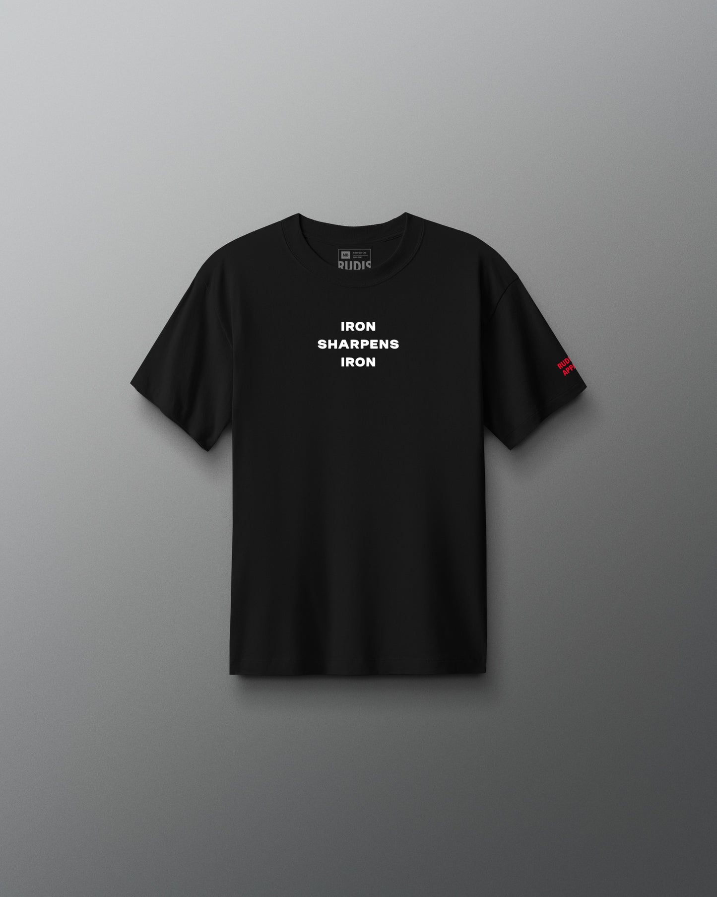 A plain black short-sleeve crewneck t-shirt shown from the back, centered against a neutral gray gradient background.