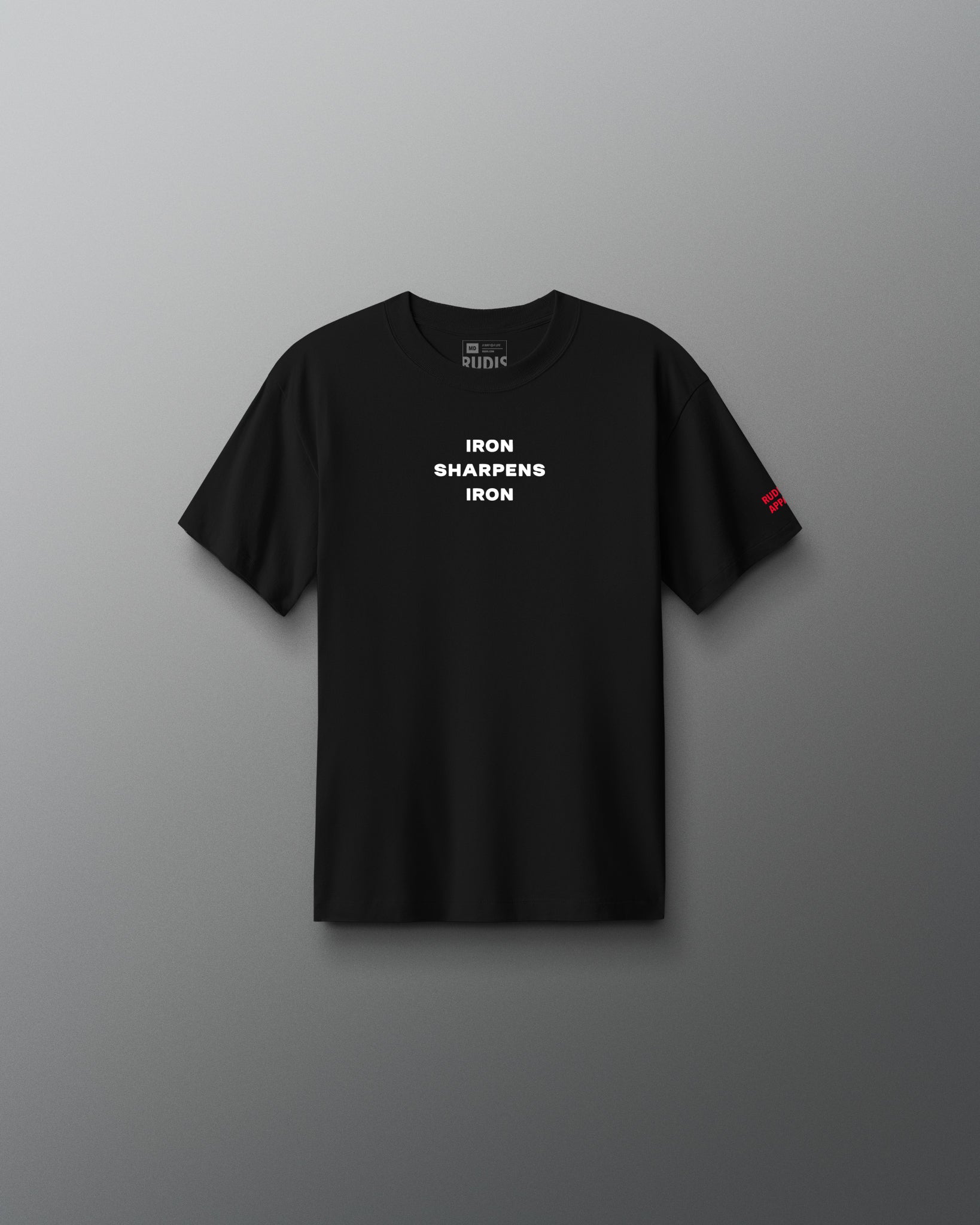 A plain black short-sleeve crewneck t-shirt shown from the back, centered against a neutral gray gradient background.