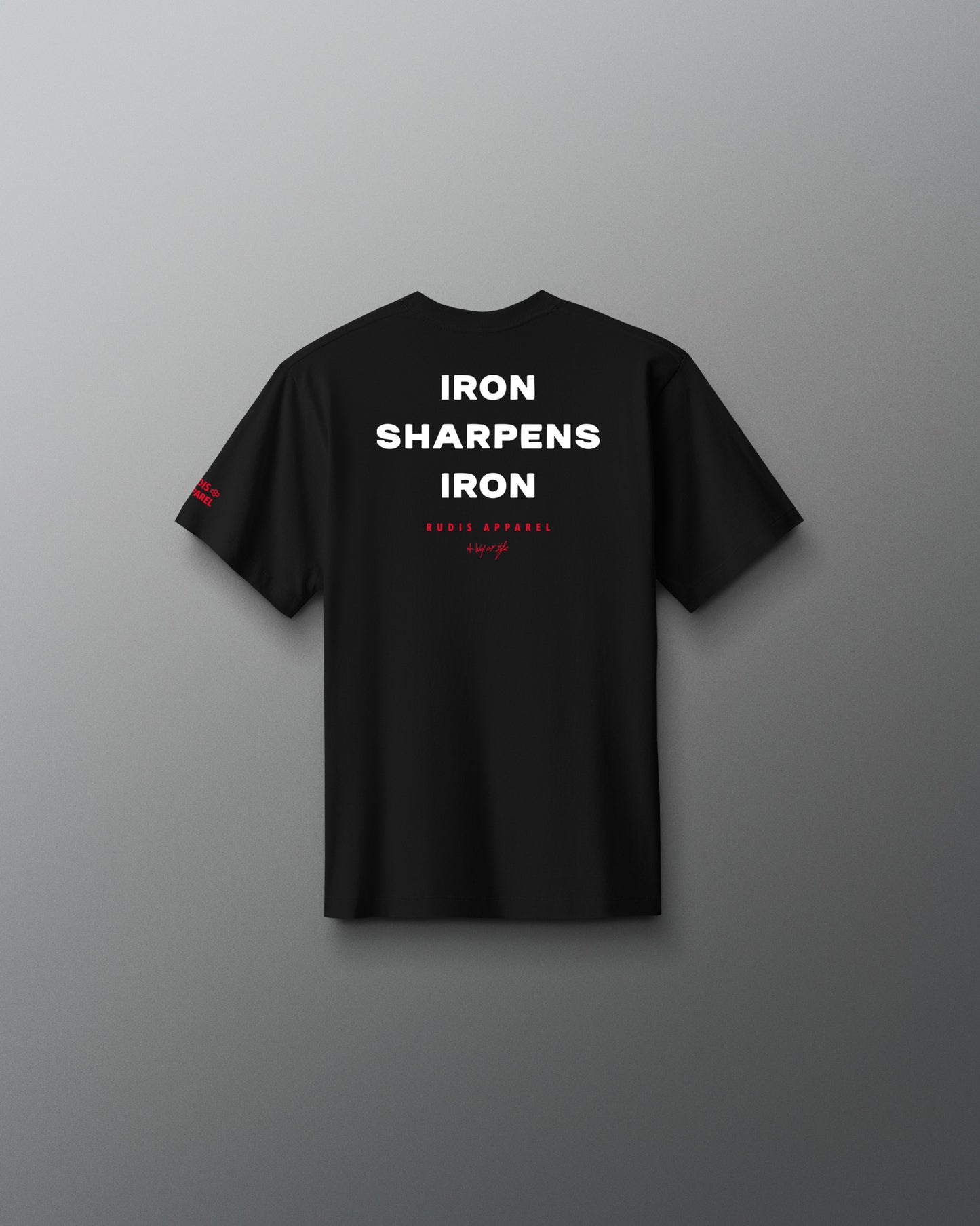 A plain black short-sleeve crewneck t-shirt shown from the back, centered against a neutral gray gradient background.
