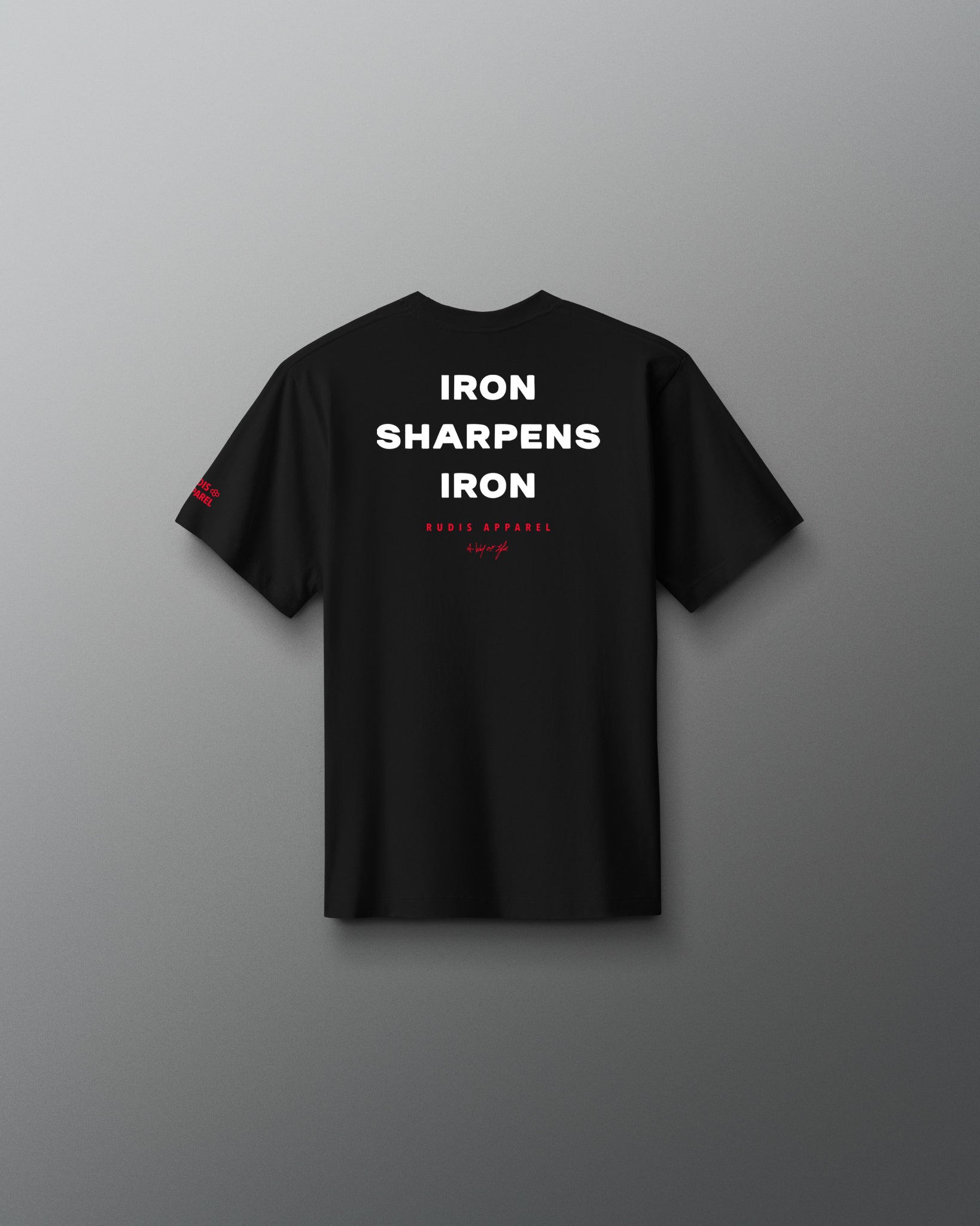 A plain black short-sleeve crewneck t-shirt shown from the back, centered against a neutral gray gradient background.