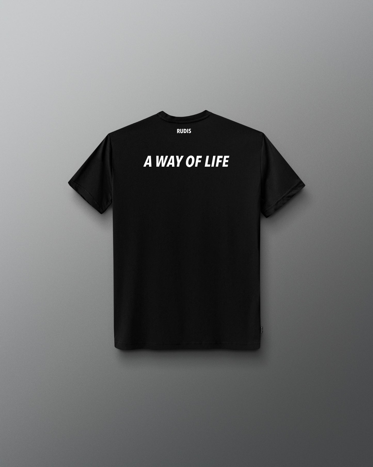 Black t-shirt with 'A Way of Life' text on a gray background