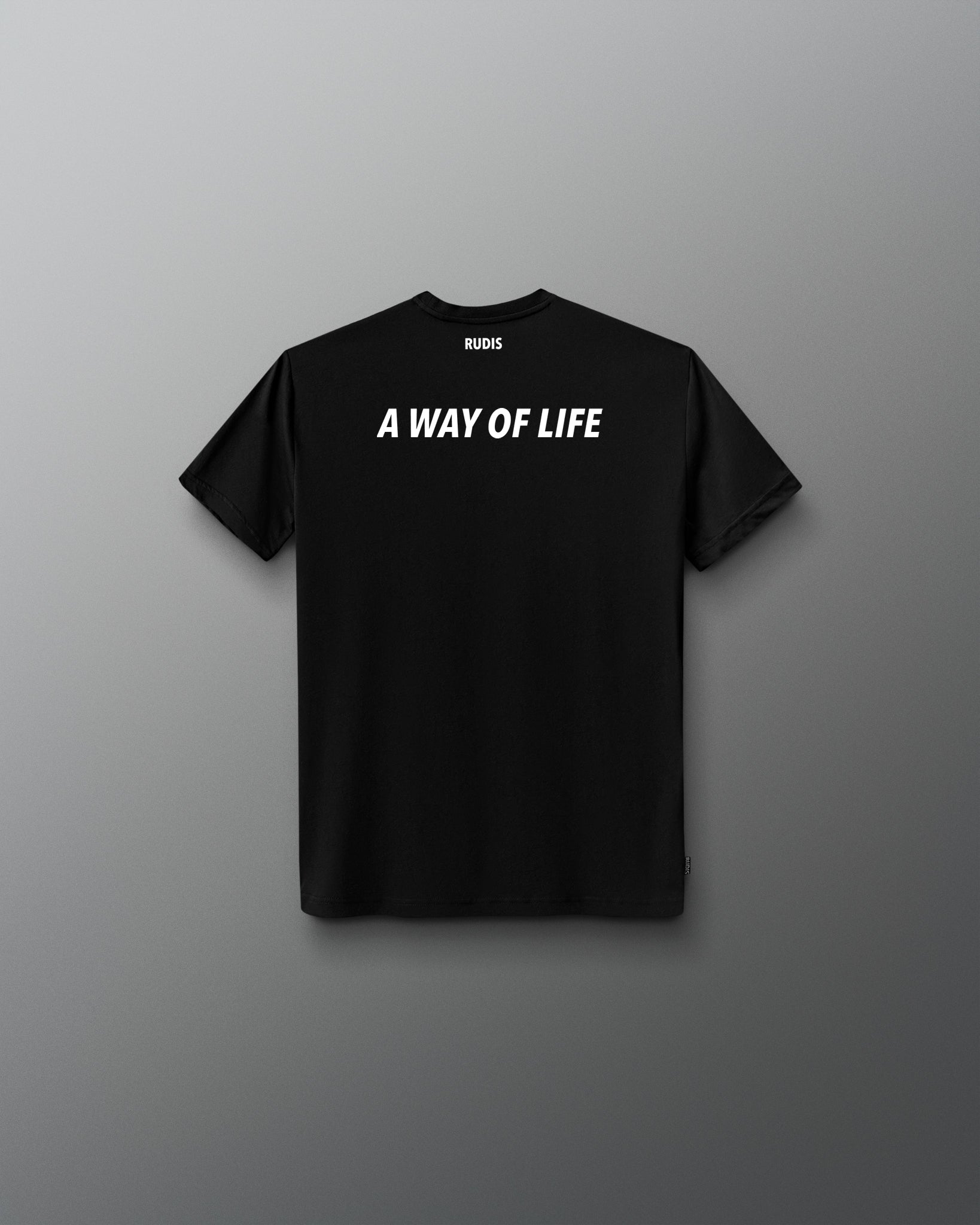 Black t-shirt with 'A Way of Life' text on a gray background