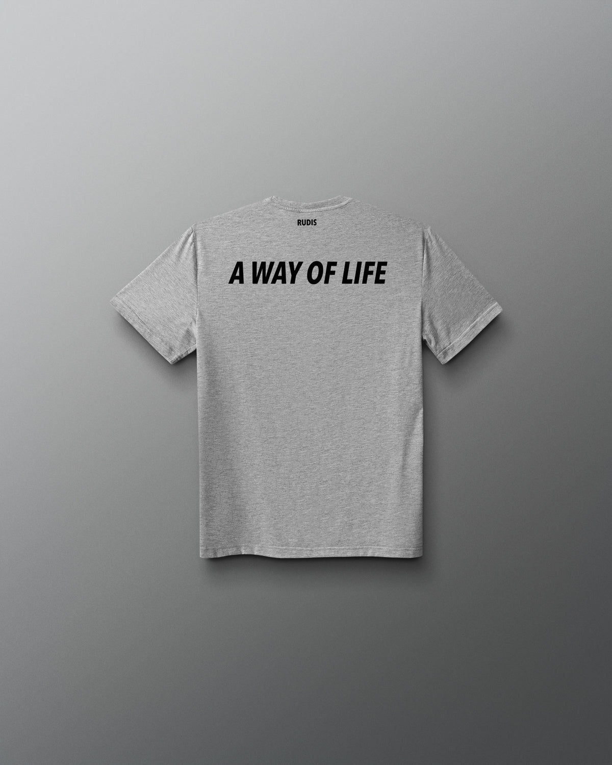 A light heather gray short-sleeve t-shirt with the phrase 'A WAY OF LIFE' printed in bold black capital letters across the chest, displayed against a dark gray gradient background.