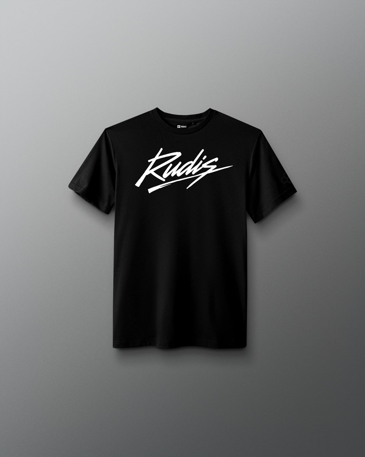 Front view of the RUDIS Script Youth Elite Super Soft T-Shirt in black with white RUDIS script logo.