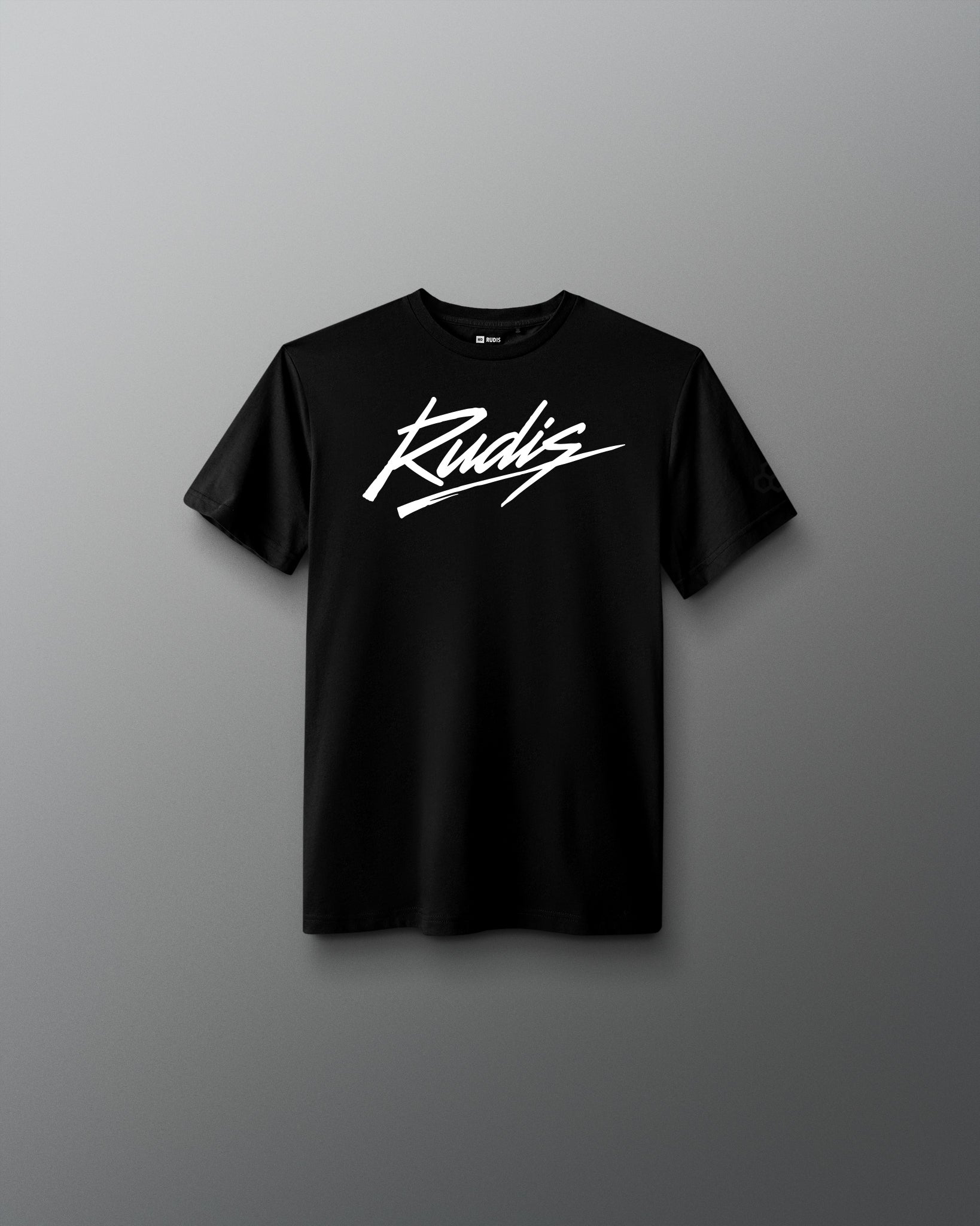 Front view of the RUDIS Script Youth Elite Super Soft T-Shirt in black with white RUDIS script logo.