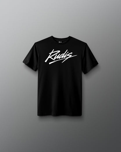 Front view of the RUDIS Script Youth Elite Super Soft T-Shirt in black with white RUDIS script logo.