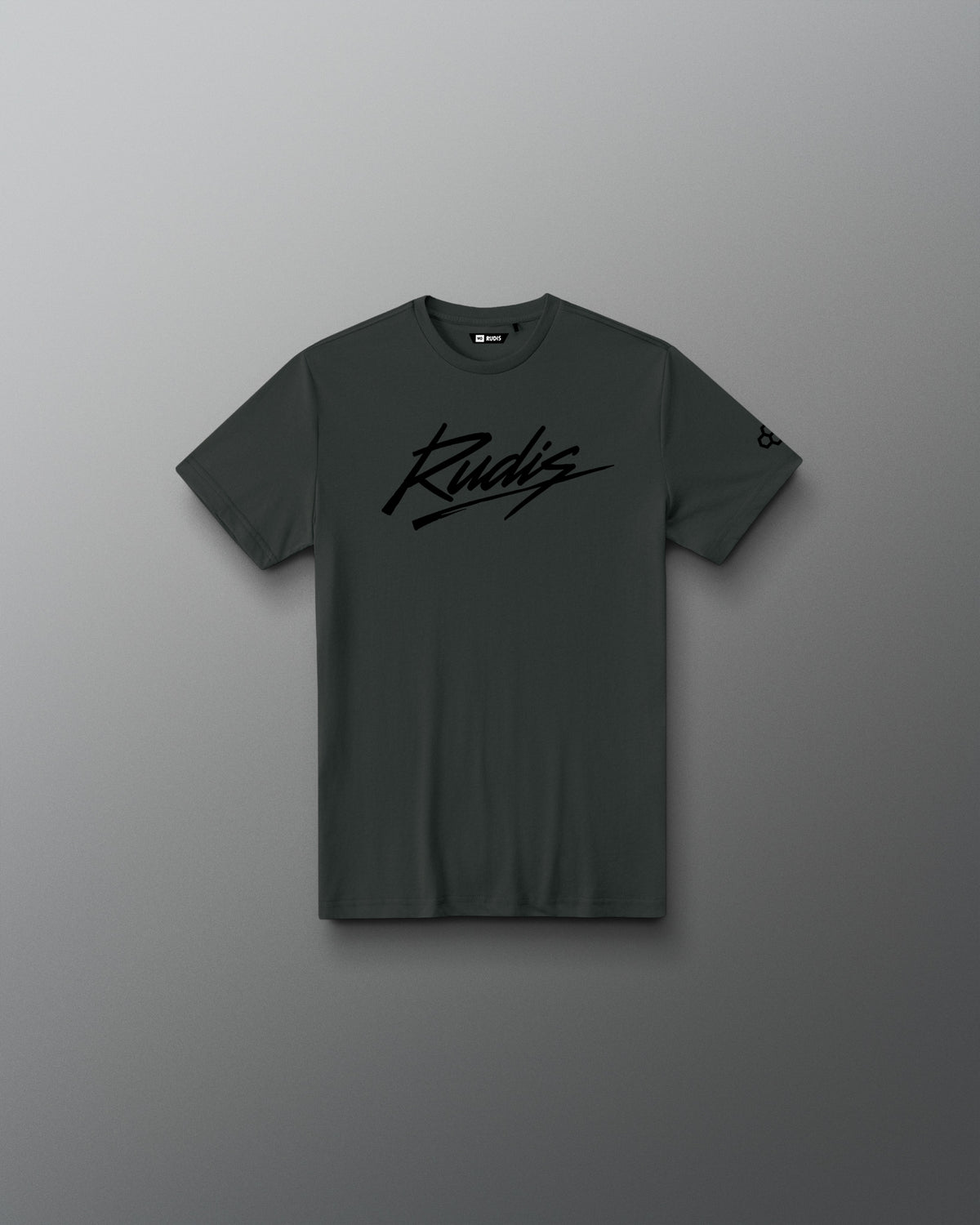 Front view of the RUDIS Script Youth Elite Super Soft T-Shirt in charcoal with black RUDIS script logo.