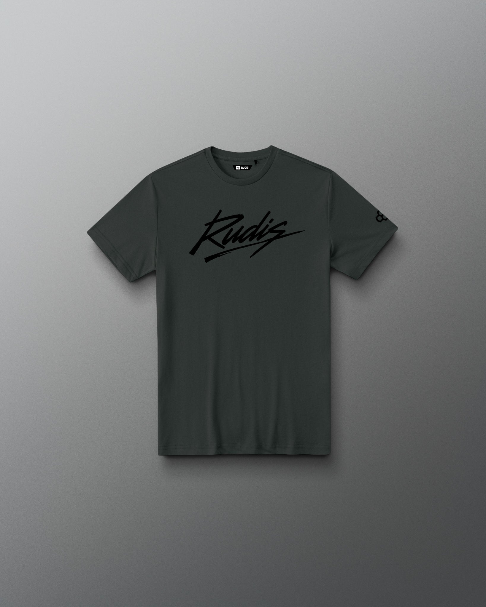 Front view of the RUDIS Script Youth Elite Super Soft T-Shirt in charcoal with black RUDIS script logo.