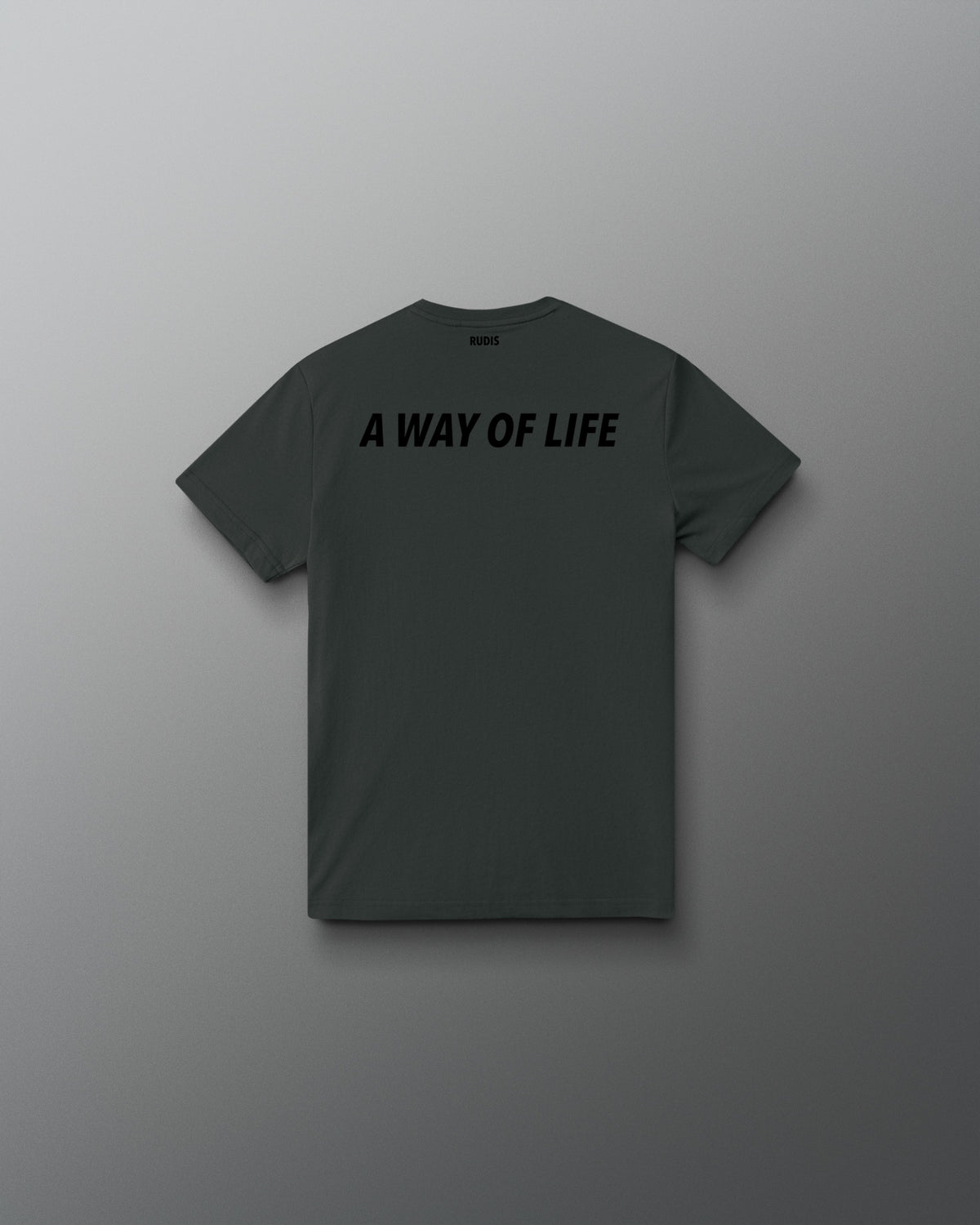Back view of the charcoal RUDIS Script Youth Elite Super Soft T-Shirt with black “A Way of Life” graphic.
