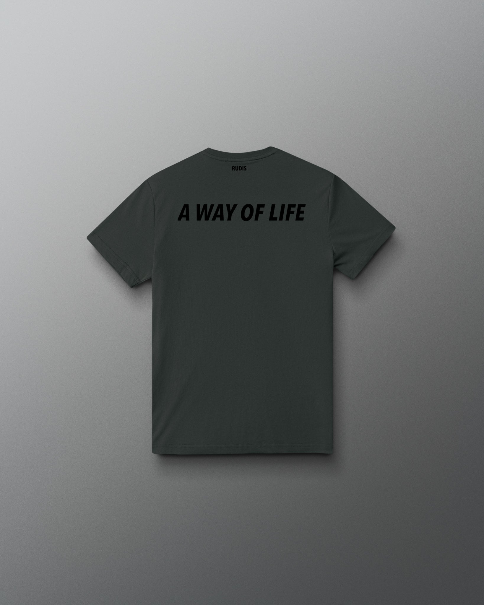 Back view of the charcoal RUDIS Script Youth Elite Super Soft T-Shirt with black “A Way of Life” graphic.