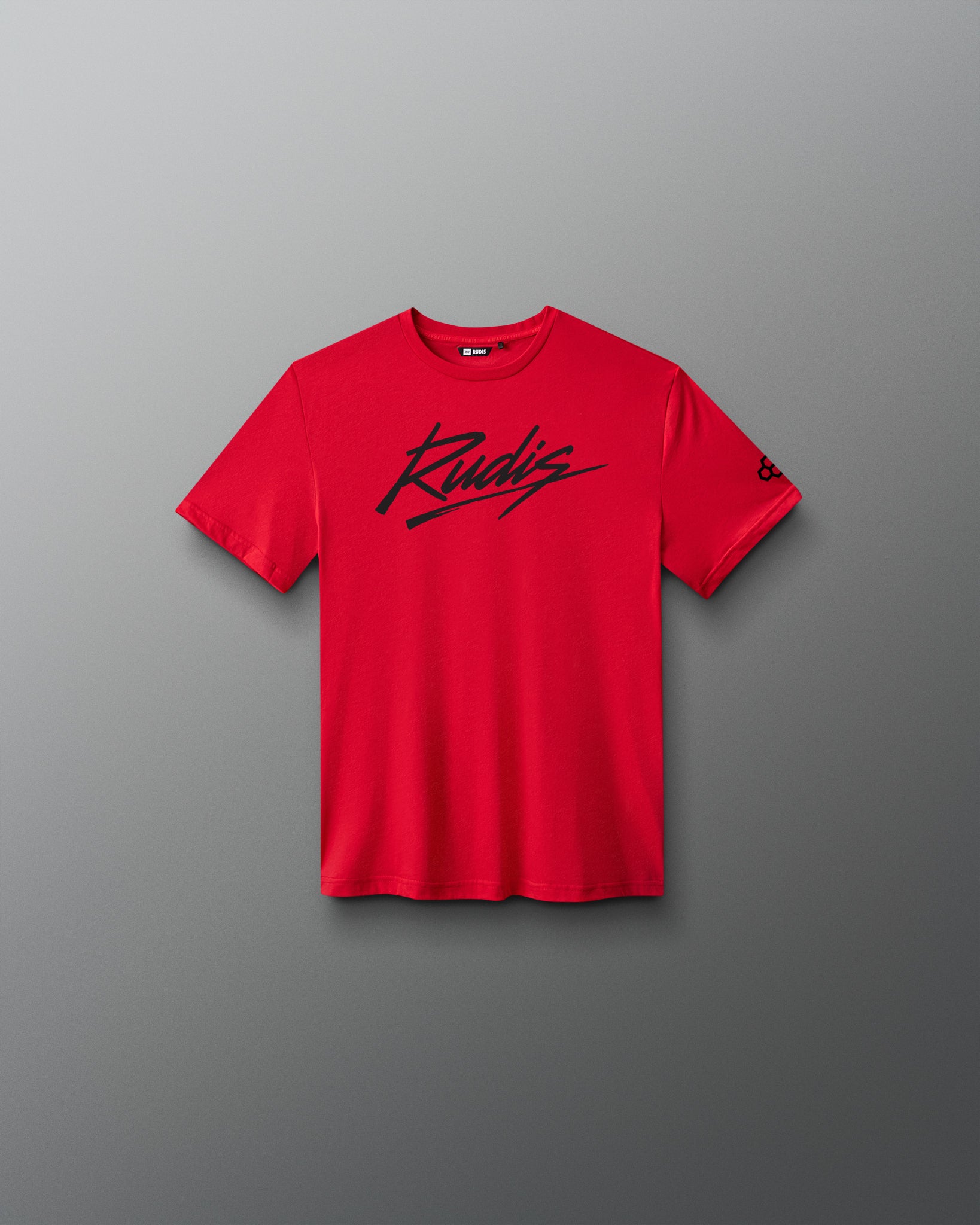 Front view of the RUDIS Script Youth Elite Super Soft T-Shirt in red with black RUDIS script logo.