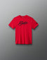 Front view of the RUDIS Script Youth Elite Super Soft T-Shirt in red with black RUDIS script logo.