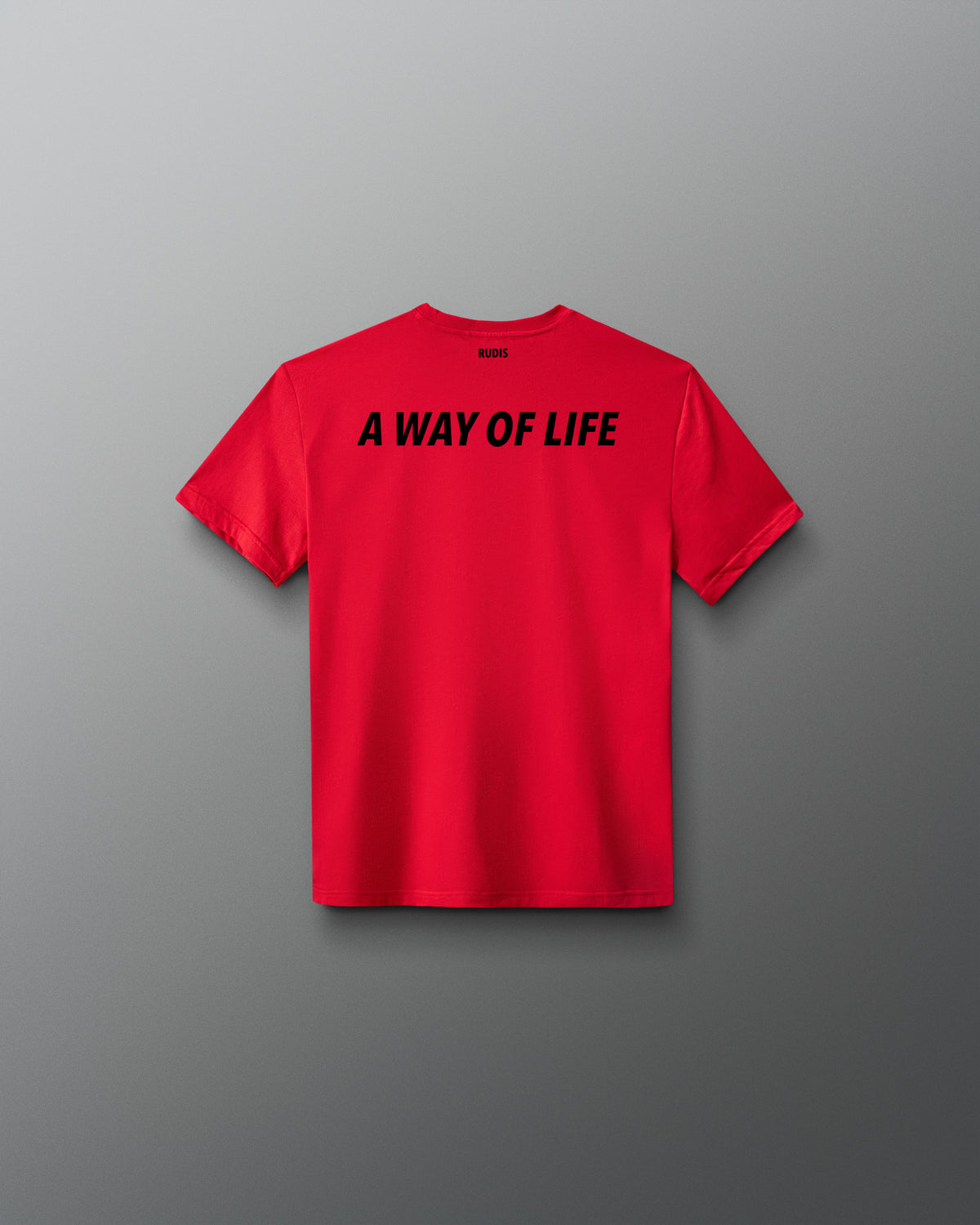 Back view of the red RUDIS Script Youth Elite Super Soft T-Shirt with black “A Way of Life” graphic.