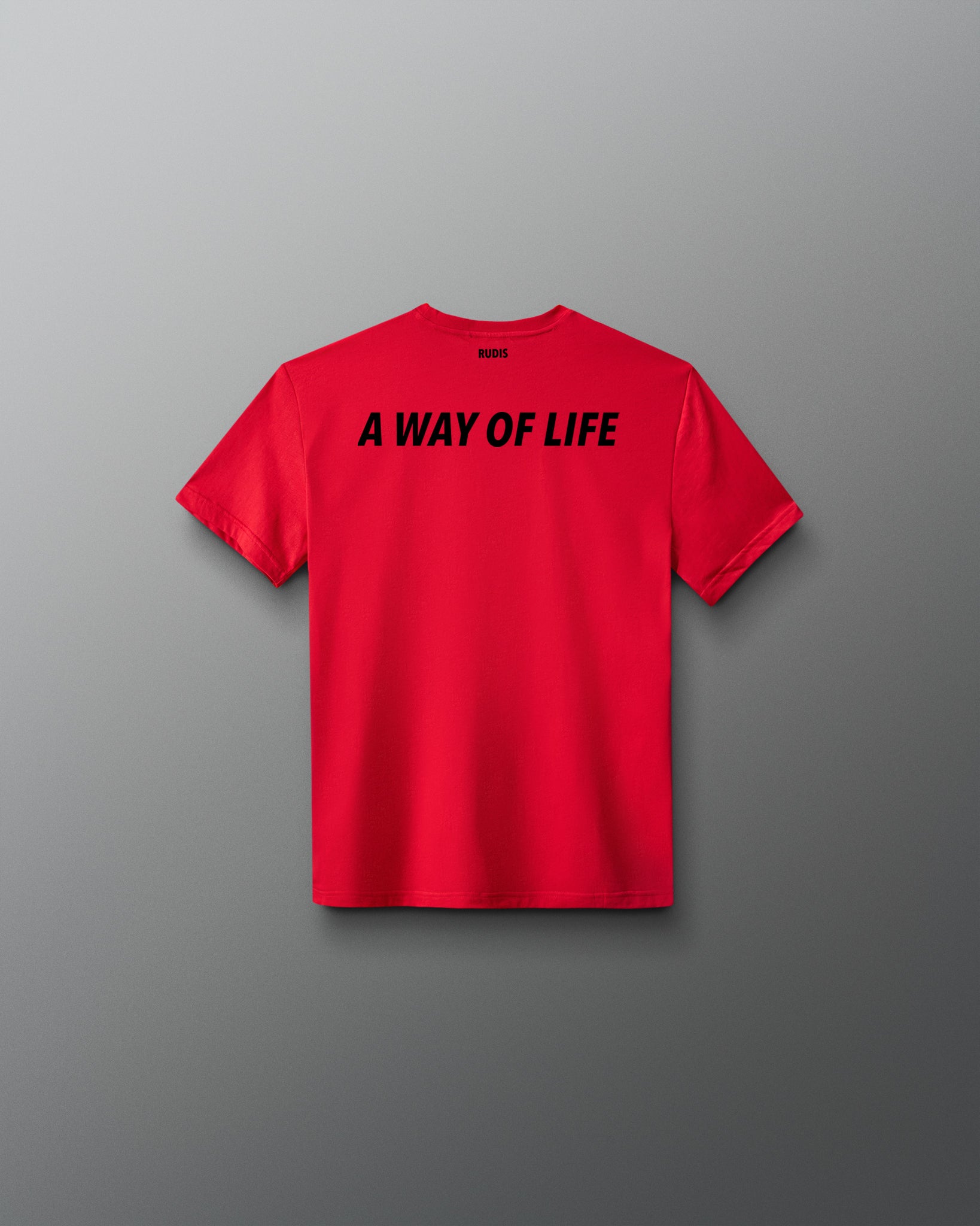Back view of the red RUDIS Script Youth Elite Super Soft T-Shirt with black “A Way of Life” graphic.