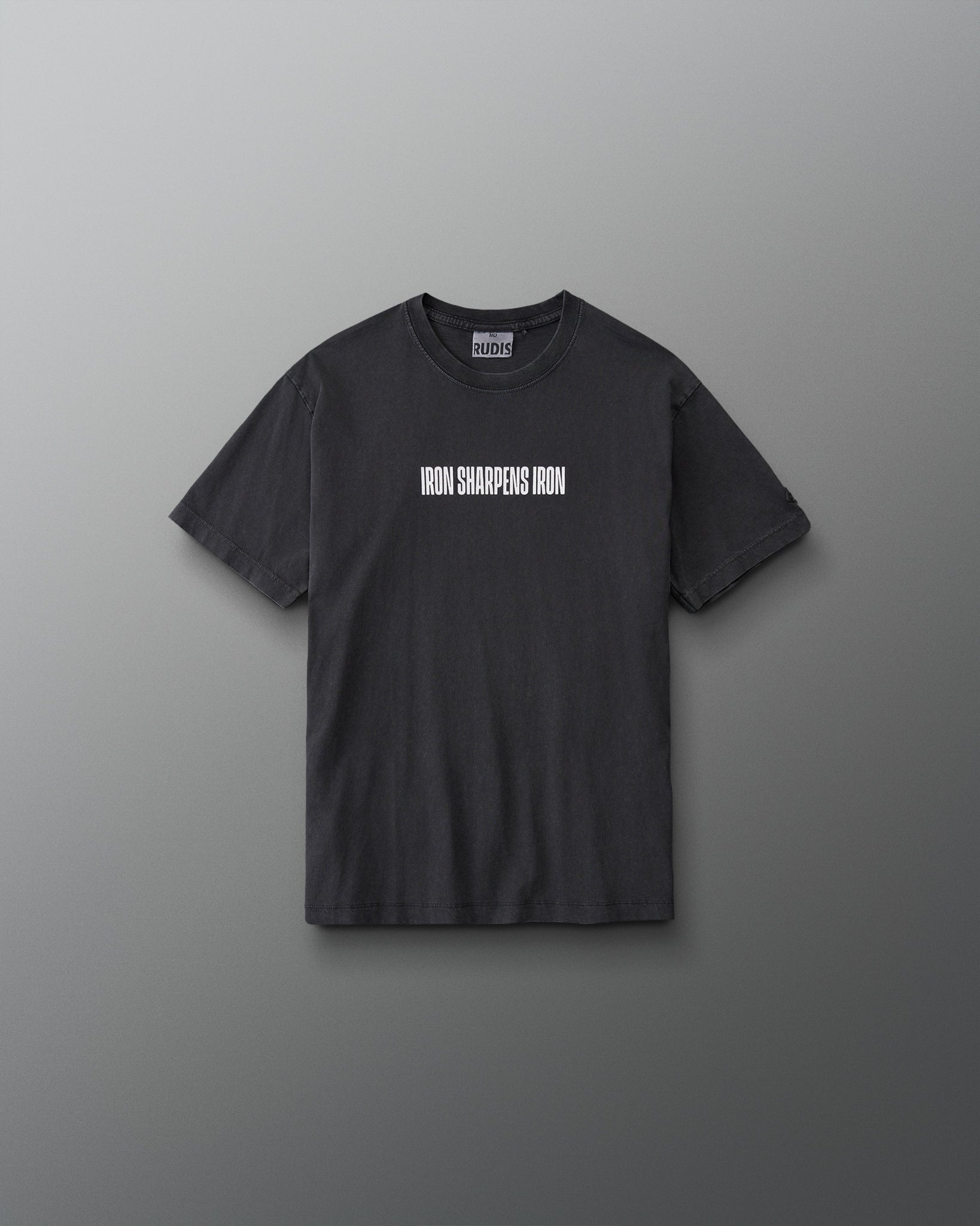 Front view of the RUDIS Iron Sharpens Iron Youth Classic Cotton T-Shirt in Washed Black with white Iron Sharpens Iron chest lettering.