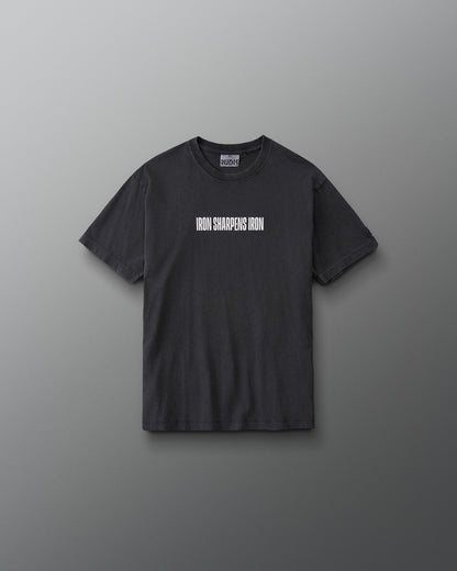 Front view of the RUDIS Iron Sharpens Iron Youth Classic Cotton T-Shirt in Washed Black with white Iron Sharpens Iron chest lettering.