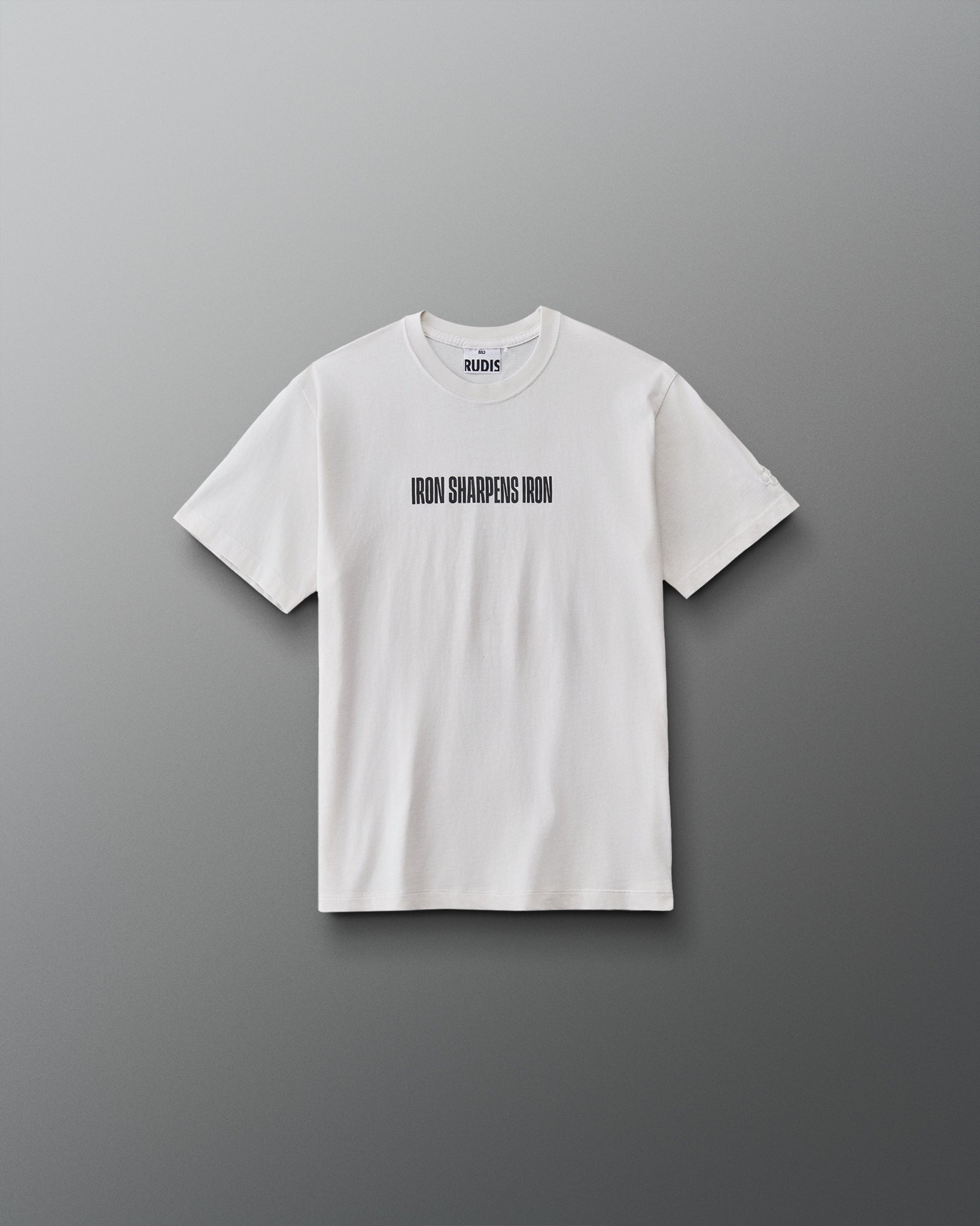 Front view of the RUDIS Iron Sharpens Iron Youth Classic Cotton T-Shirt in Washed Lunar with contrasting black Iron Sharpens Iron chest lettering.