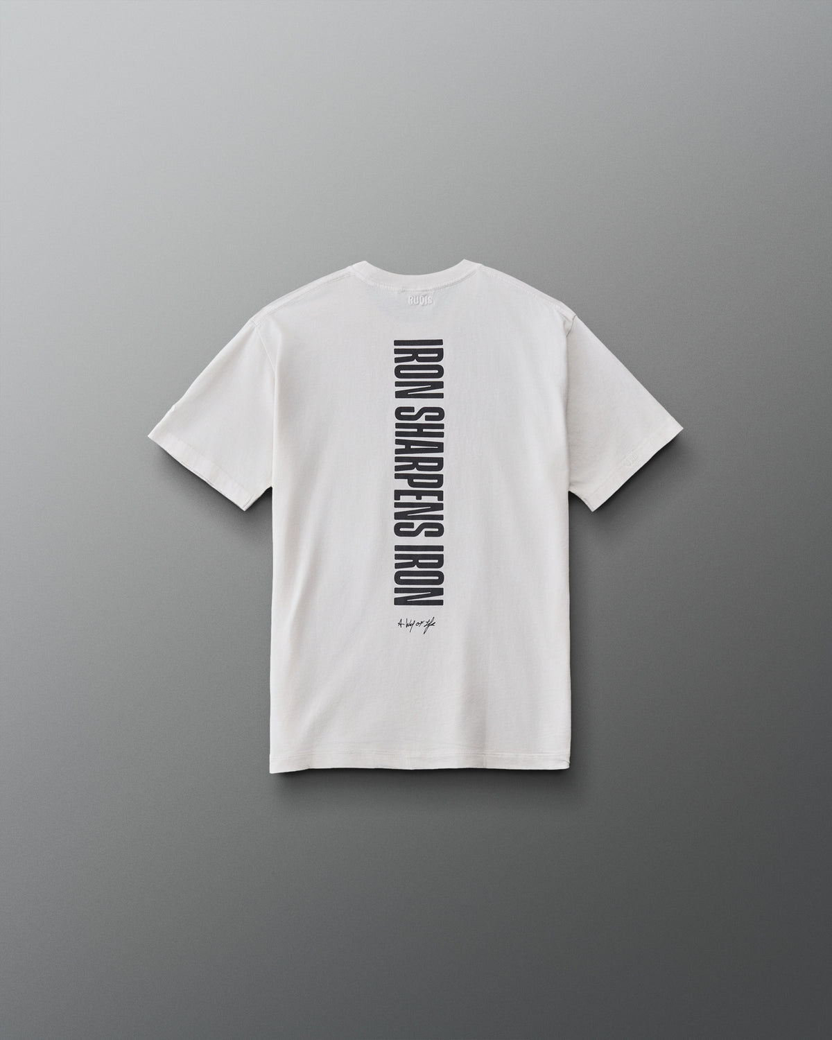 Back view of the RUDIS Iron Sharpens Iron Youth Classic Cotton T-Shirt in Washed Lunar featuring a vertical black Iron Sharpens Iron graphic and A Way of Life signature.