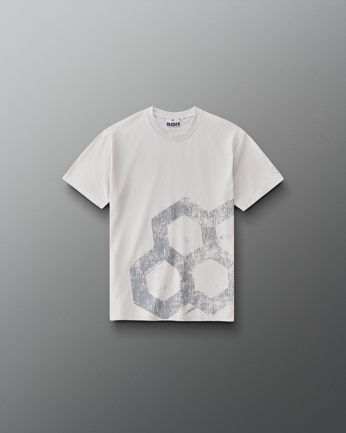 RUDIS Tilted Hex Youth Classic Cotton T-Shirt in Washed Lunar, front view featuring a distressed gray hexagon graphic on an off-white crewneck tee.