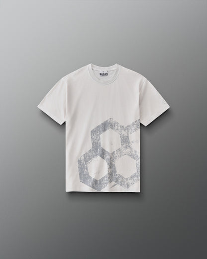 RUDIS Tilted Hex Youth Classic Cotton T-Shirt in Washed Lunar, front view featuring a distressed gray hexagon graphic on an off-white crewneck tee.