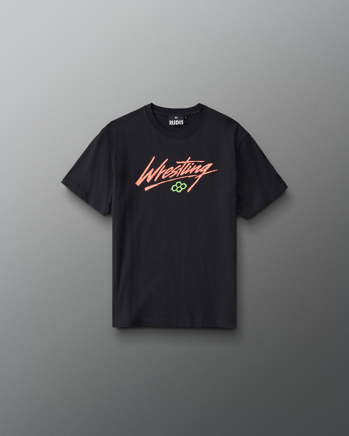 Front view of RUDIS Youth Script Wrestling Classic Cotton T-Shirt in Black featuring coral Wrestling script lettering and a green Hex logo.