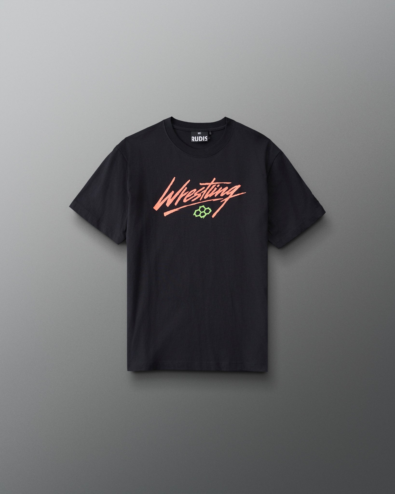Front view of RUDIS Youth Script Wrestling Classic Cotton T-Shirt in Black featuring coral Wrestling script lettering and a green Hex logo.