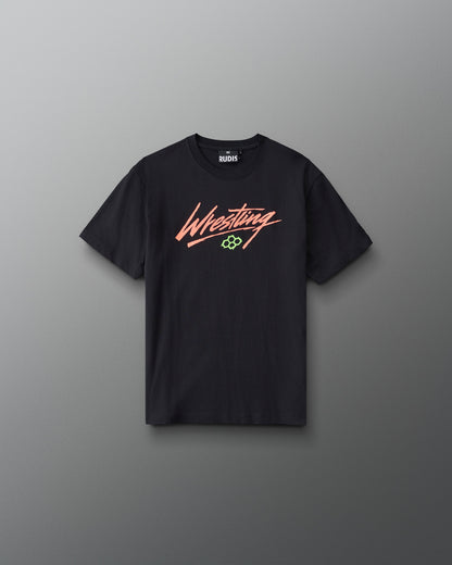 Front view of RUDIS Youth Script Wrestling Classic Cotton T-Shirt in Black featuring coral Wrestling script lettering and a green Hex logo.