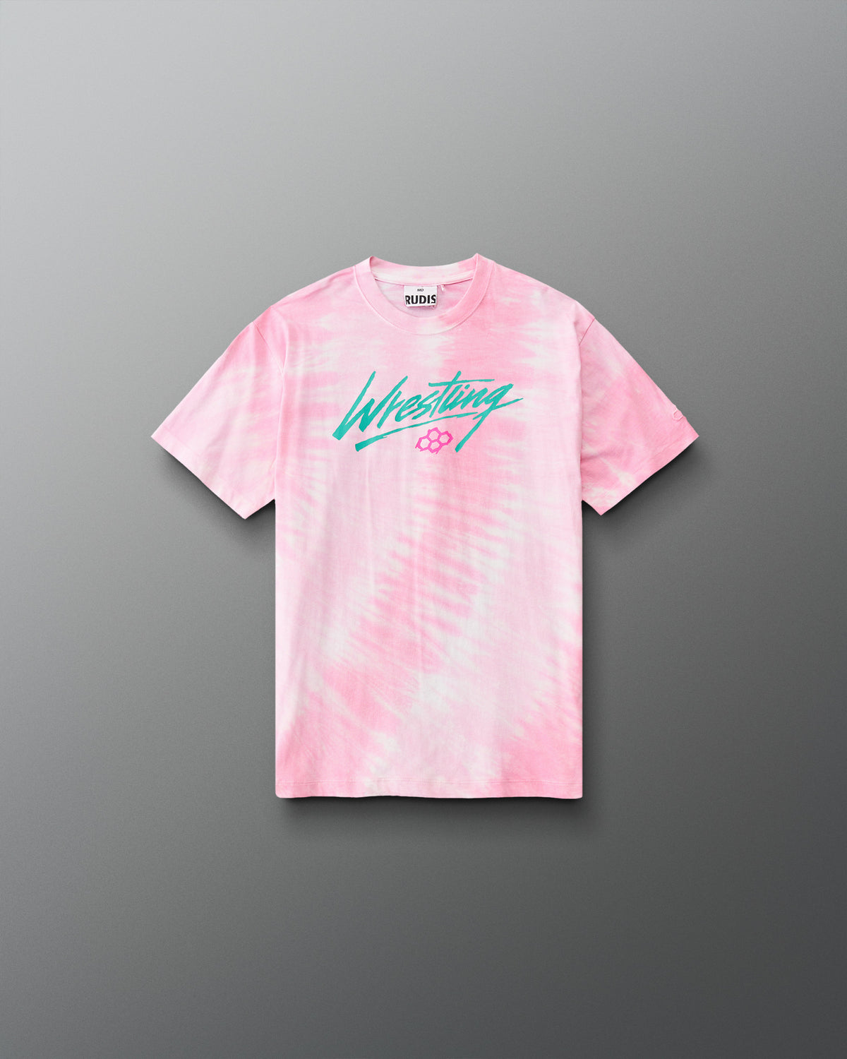 Front view of RUDIS Youth Script Wrestling Classic Cotton T-Shirt in pink and white tie-dye with teal Wrestling script and pink Hex logo.
