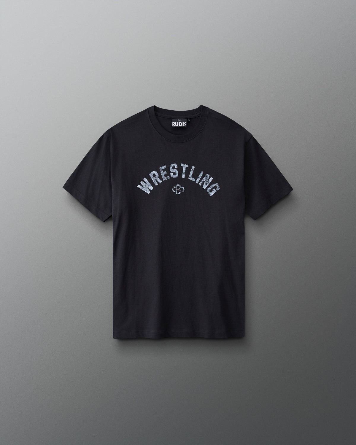 Front view of RUDIS Youth Wrestling Classic Cotton T-Shirt in Black featuring vintage-style arched WRESTLING lettering and the Hex logo.