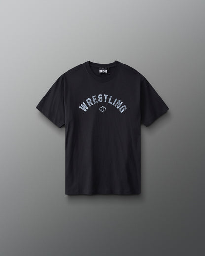 Front view of RUDIS Youth Wrestling Classic Cotton T-Shirt in Black featuring vintage-style arched WRESTLING lettering and the Hex logo.