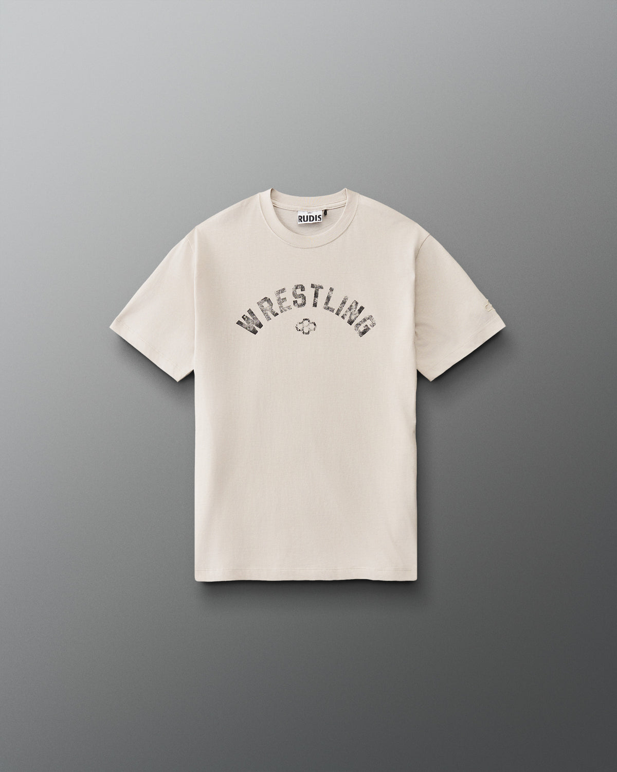 Front view of RUDIS Youth Wrestling Classic Cotton T-Shirt in Bone with distressed arched WRESTLING lettering and the signature Hex logo.