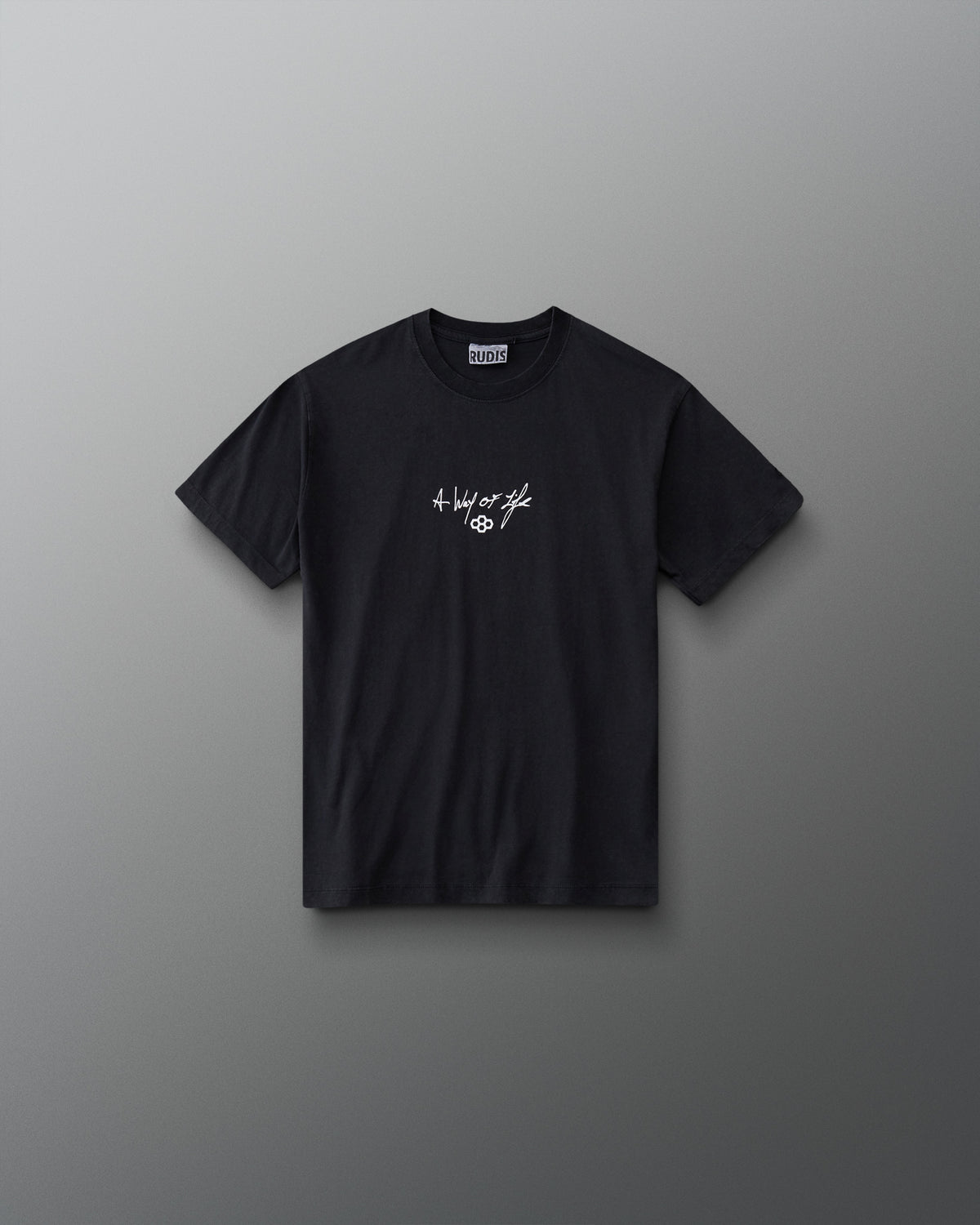 RUDIS Faith Over Fear Youth Classic Cotton T-Shirt in Washed Black, front view featuring white A Way of Life script and hex logo on the chest.