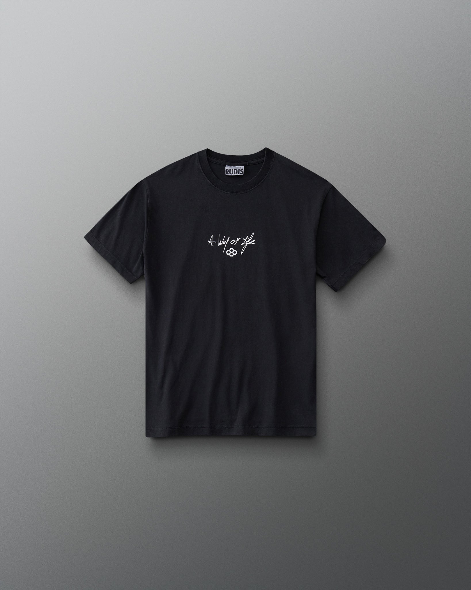 RUDIS Faith Over Fear Youth Classic Cotton T-Shirt in Washed Black, front view featuring white A Way of Life script and hex logo on the chest.