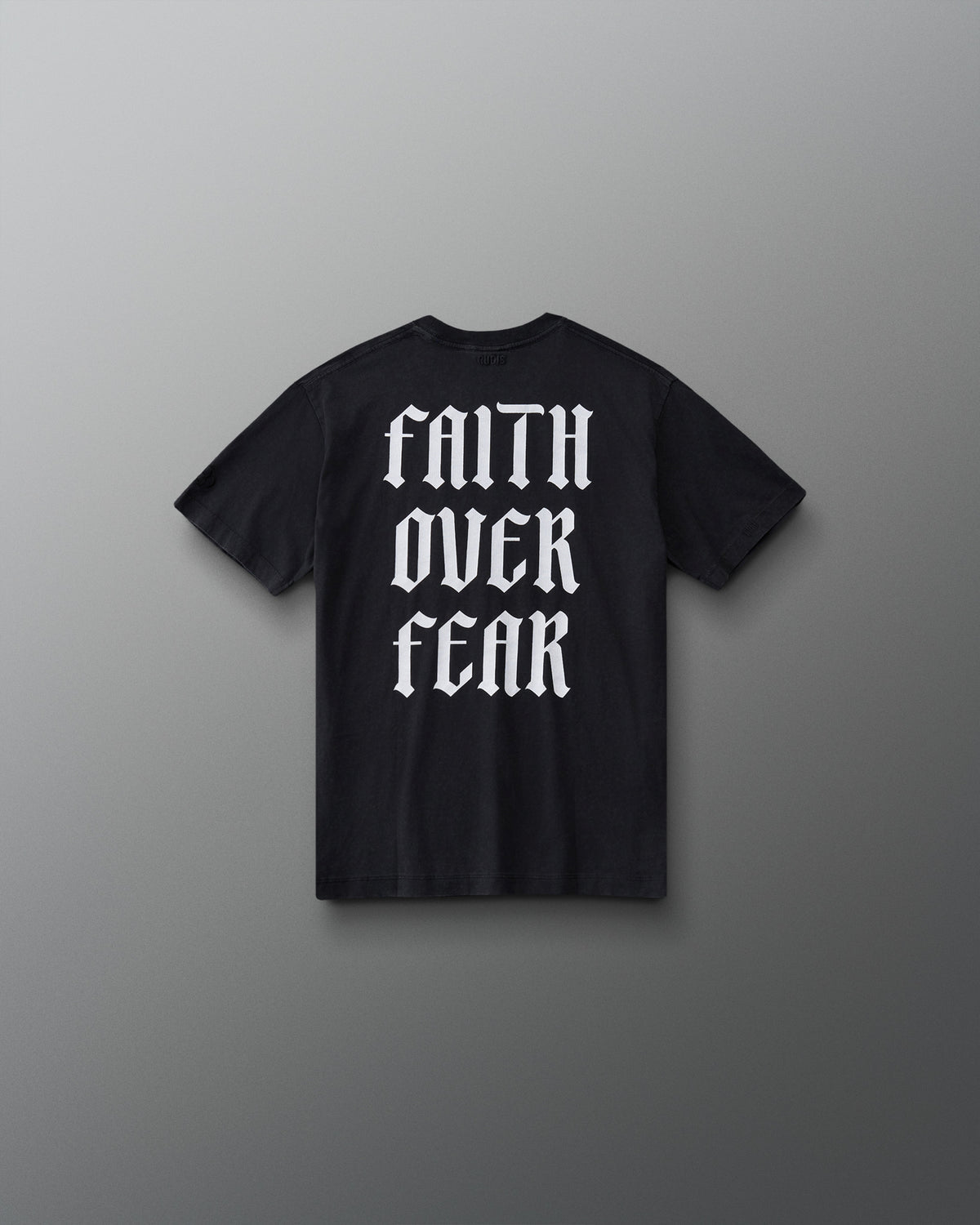 RUDIS Faith Over Fear Youth Classic Cotton T-Shirt in Washed Black, back view with bold white Faith Over Fear graphic in oversized Gothic lettering.
