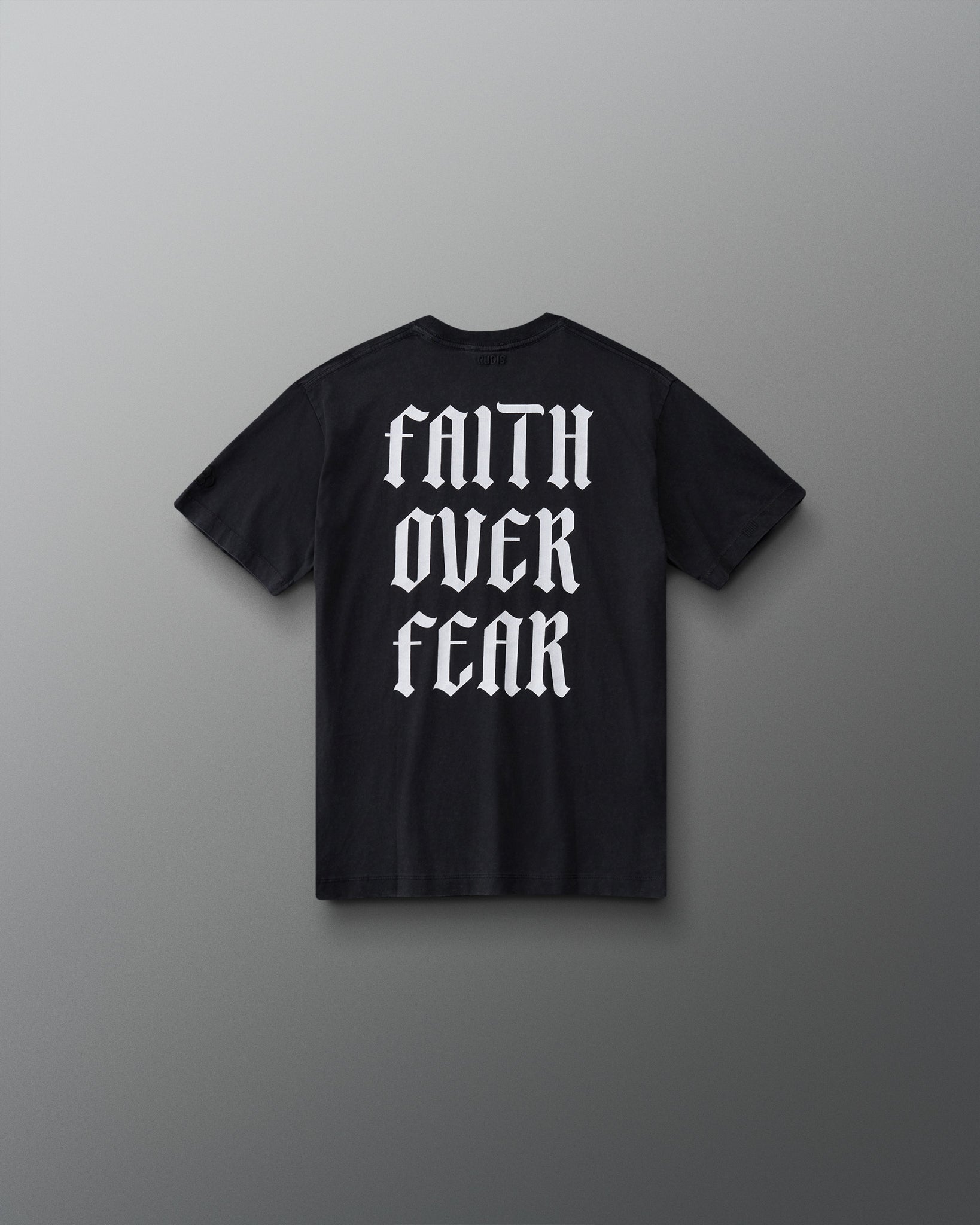 RUDIS Faith Over Fear Youth Classic Cotton T-Shirt in Washed Black, back view with bold white Faith Over Fear graphic in oversized Gothic lettering.