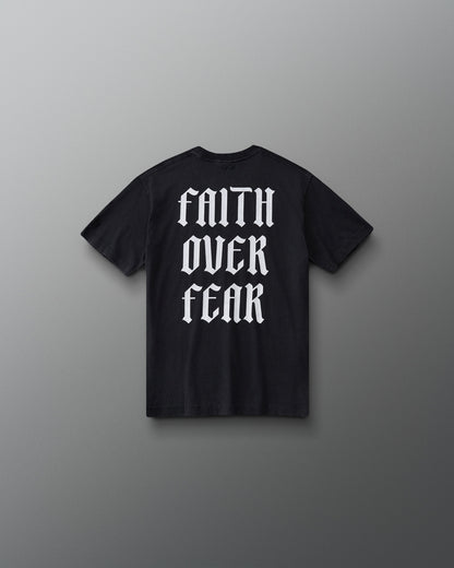RUDIS Faith Over Fear Youth Classic Cotton T-Shirt in Washed Black, back view with bold white Faith Over Fear graphic in oversized Gothic lettering.
