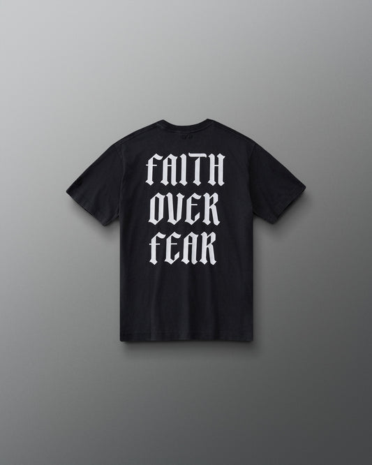 RUDIS Faith Over Fear Youth Classic Cotton T-Shirt in Washed Black, back view with bold white Faith Over Fear graphic in oversized Gothic lettering.