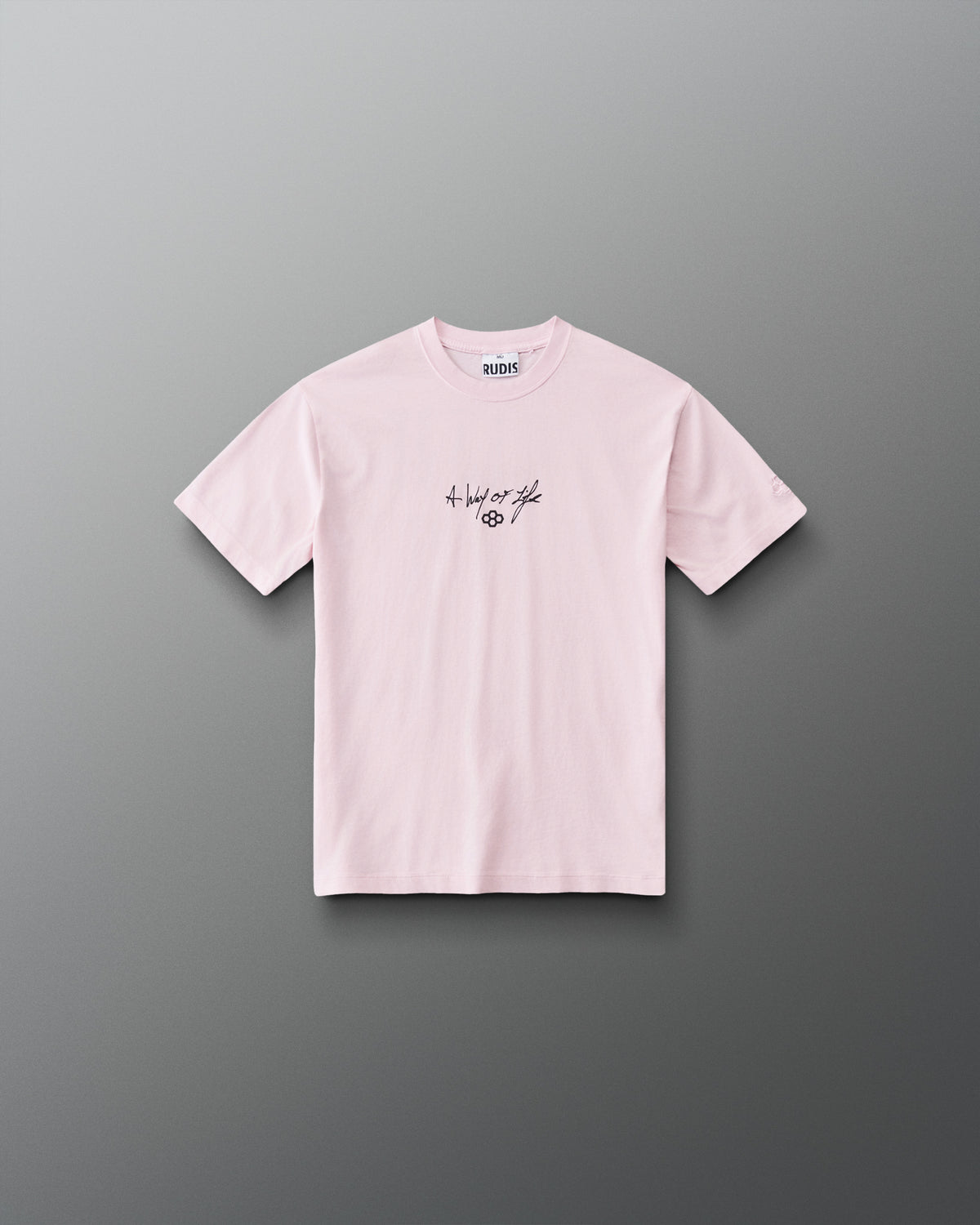 RUDIS Faith Over Fear Youth Classic Cotton T-Shirt in Washed Pink, front view with black A Way of Life script and hex logo on the chest.