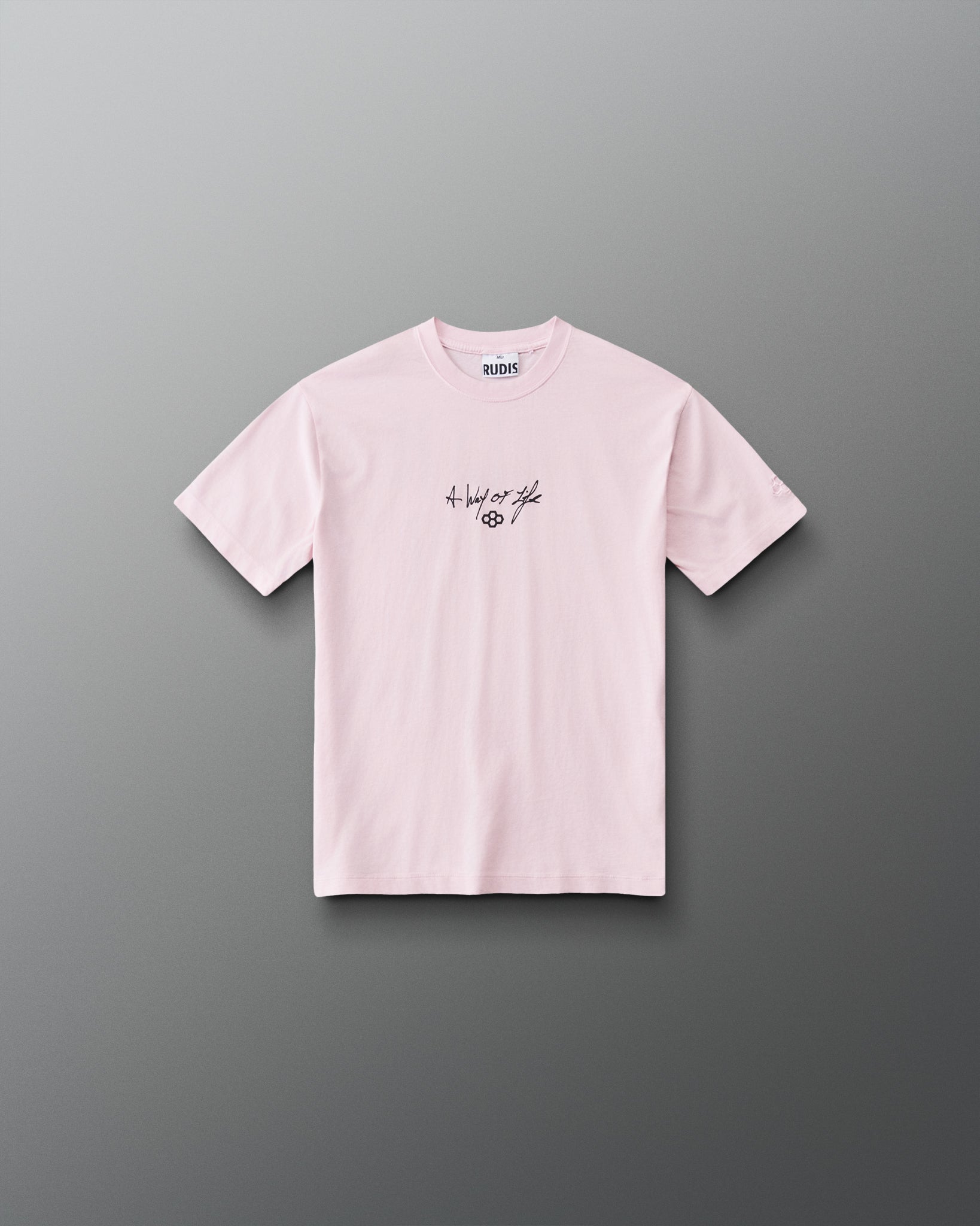RUDIS Faith Over Fear Youth Classic Cotton T-Shirt in Washed Pink, front view with black A Way of Life script and hex logo on the chest.