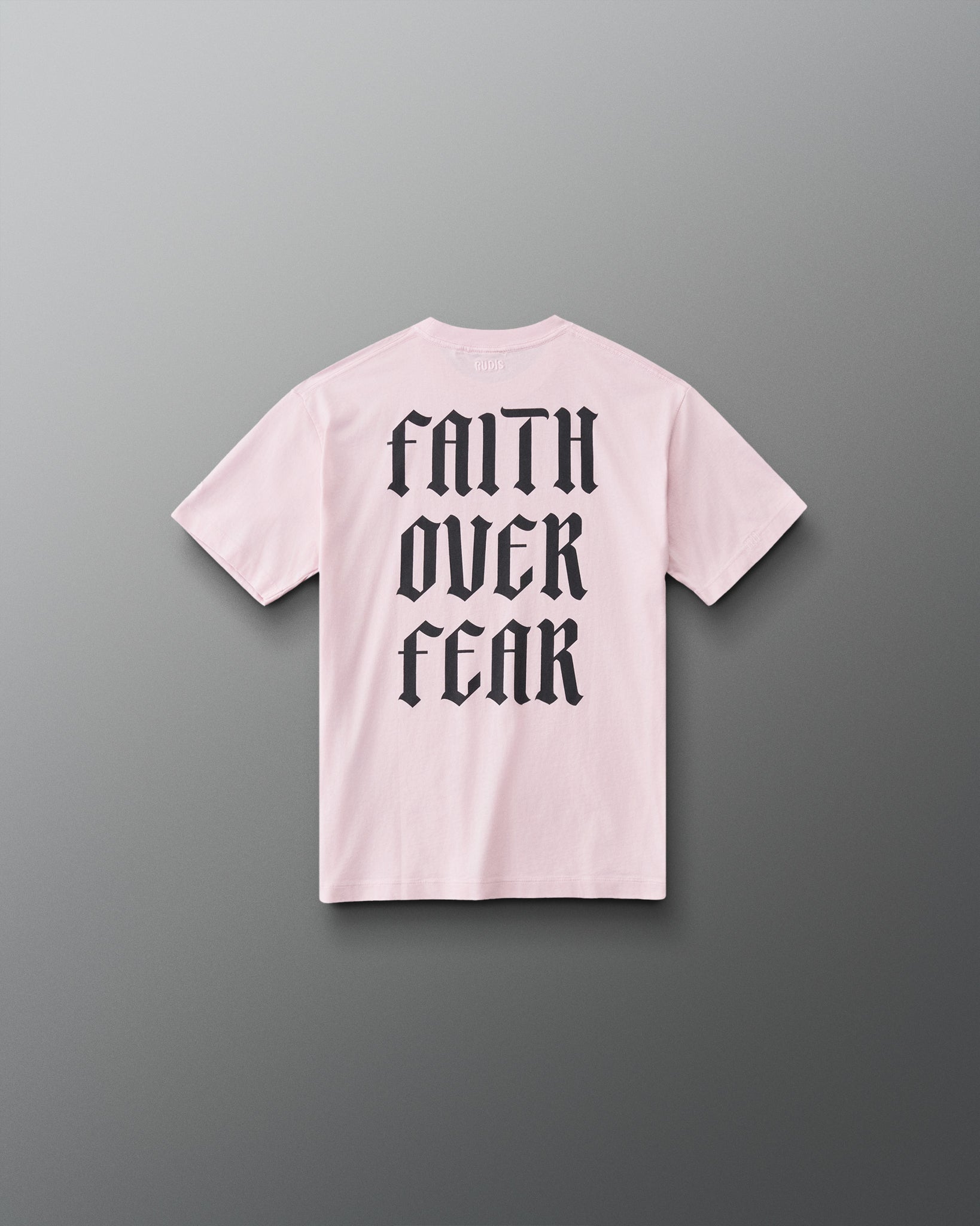 RUDIS Faith Over Fear Youth Classic Cotton T-Shirt in Washed Pink, back view featuring oversized black Faith Over Fear lettering in Gothic typography.