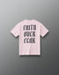 RUDIS Faith Over Fear Youth Classic Cotton T-Shirt in Washed Pink, back view featuring oversized black Faith Over Fear lettering in Gothic typography.