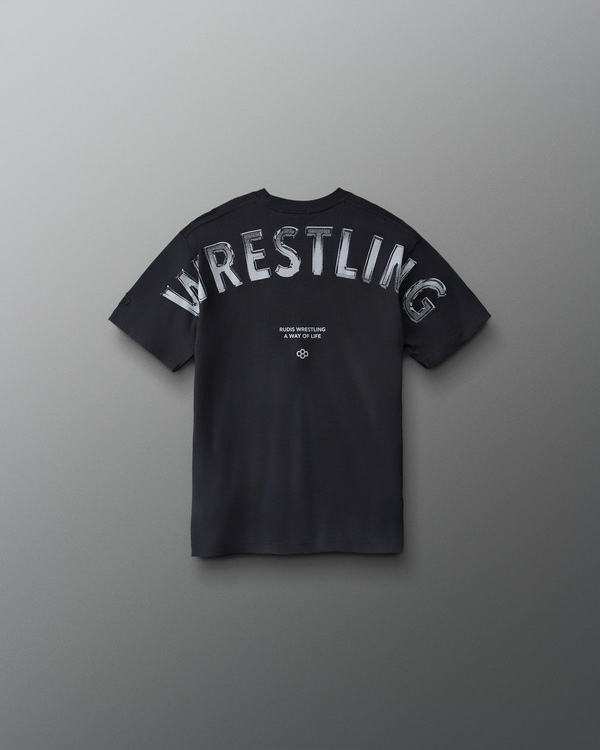 Front view of RUDIS Wrestling Back Youth Relaxed Cotton T-Shirt in Black featuring a contrasting light RUDIS chest logo.
