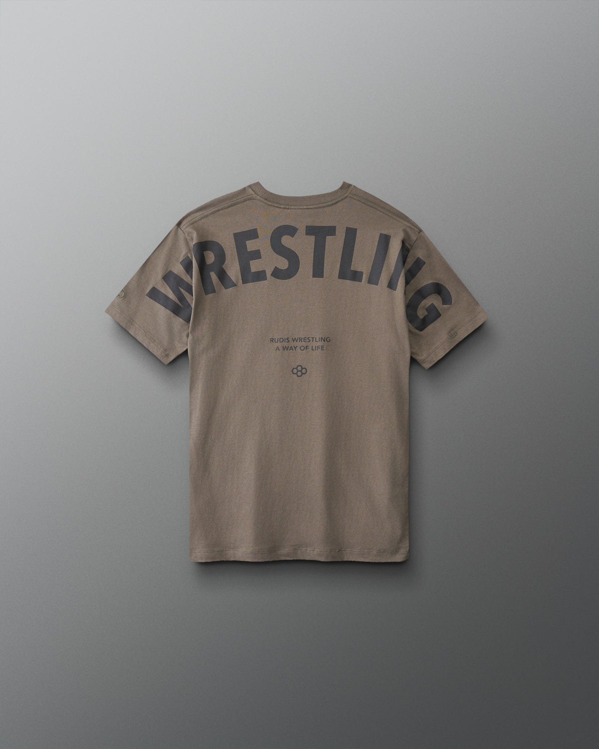 Back view of RUDIS youth wrestling graphic T-shirt in Dark Olive with oversized WRESTLING lettering, A WAY OF LIFE text, and Hex logo.