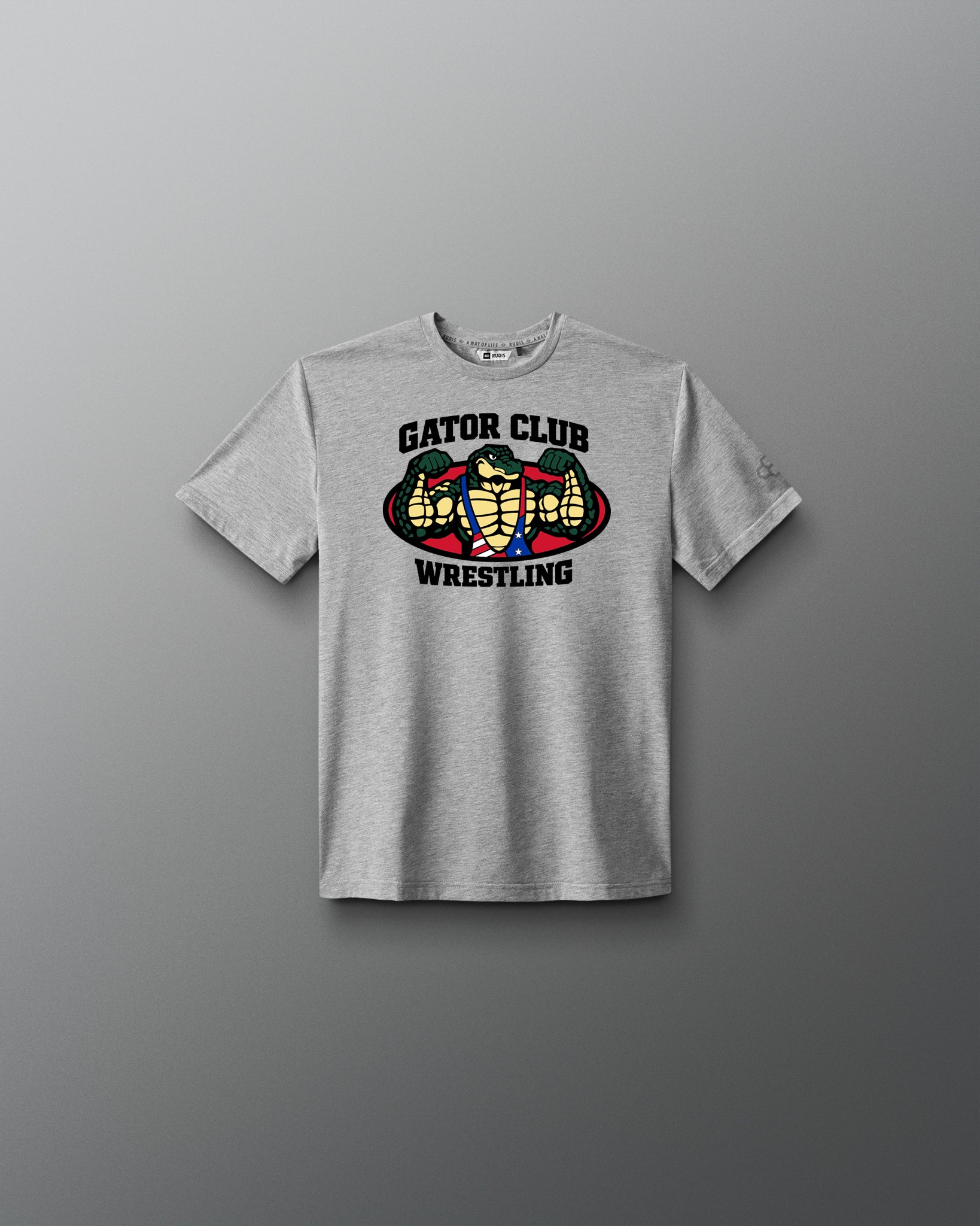 Gray t-shirt with 'Gator Club Wrestling' graphic on a gray background