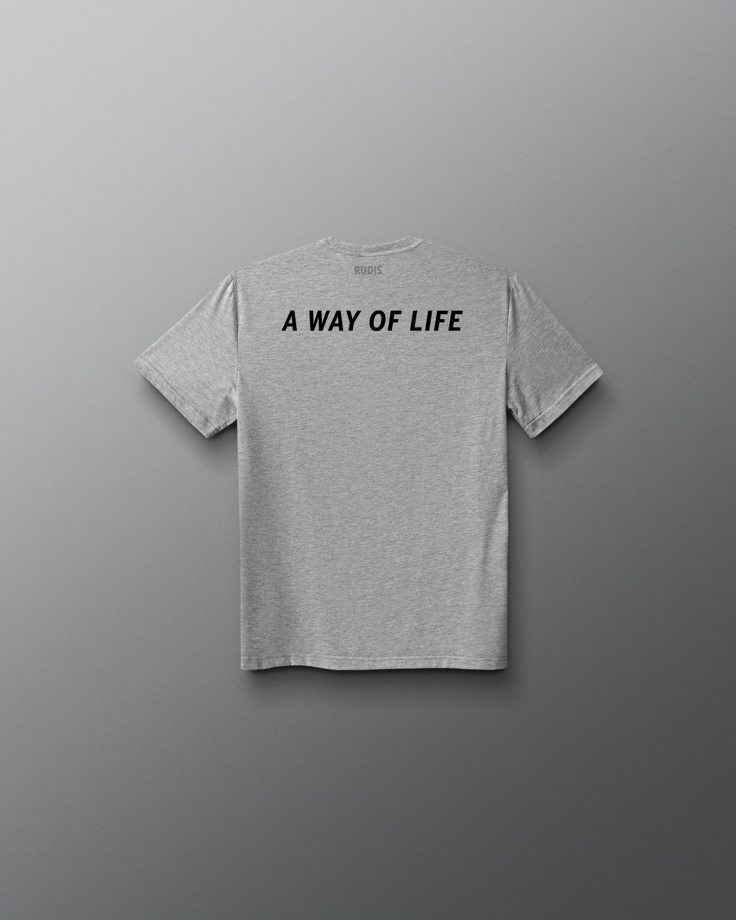 Gray t-shirt with 'A Way of Life' text on the back against a gray background