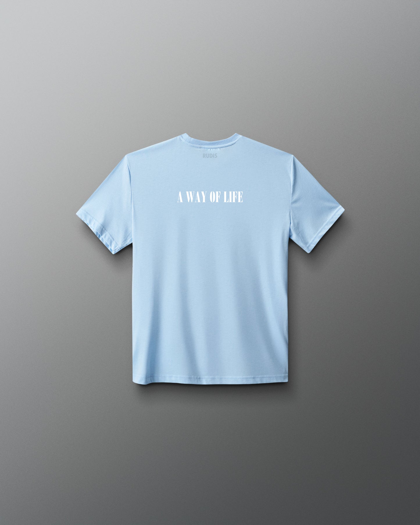 Light blue t-shirt with motivational text on a gray background