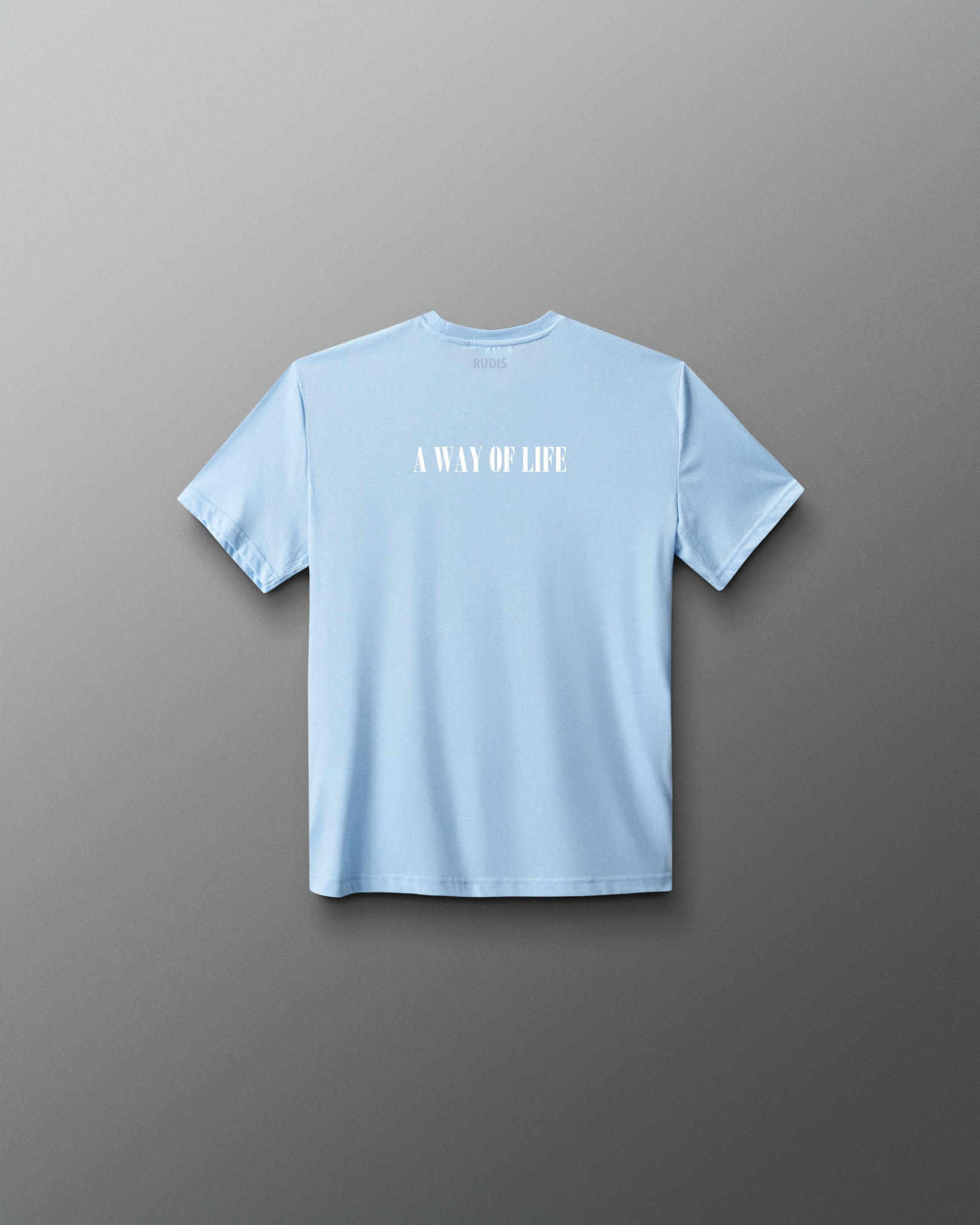 Light blue t-shirt with motivational text on a gray background