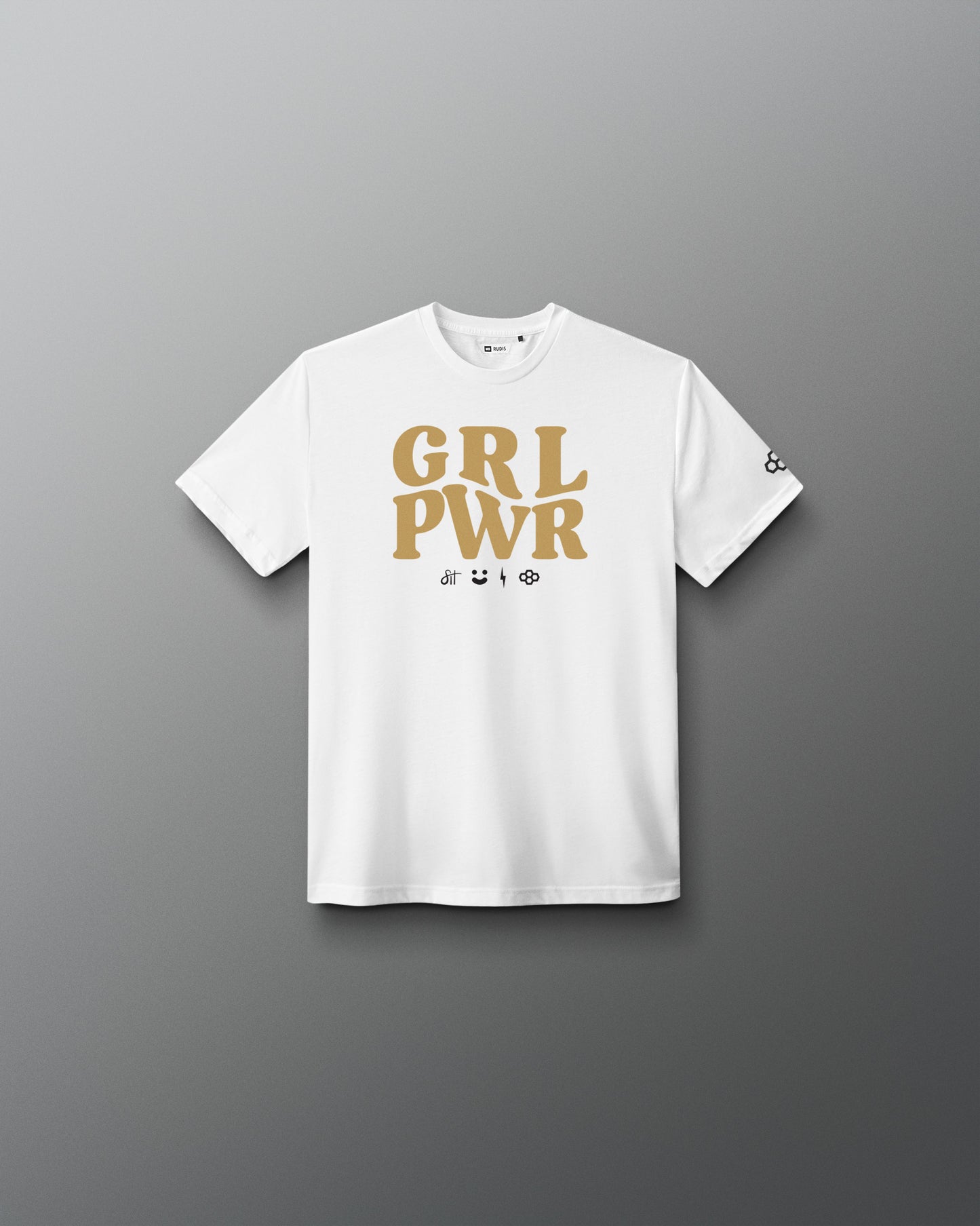 A white short-sleeve crewneck t-shirt with a gold 'GRL PWR' graphic printed on the chest, displayed against a dark gray gradient background.
