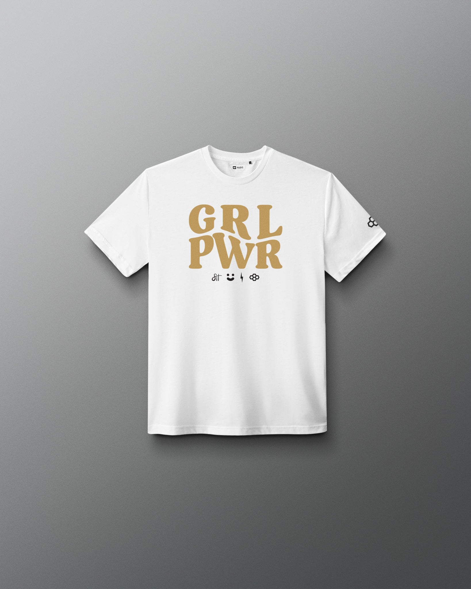 A white short-sleeve crewneck t-shirt with a gold 'GRL PWR' graphic printed on the chest, displayed against a dark gray gradient background.