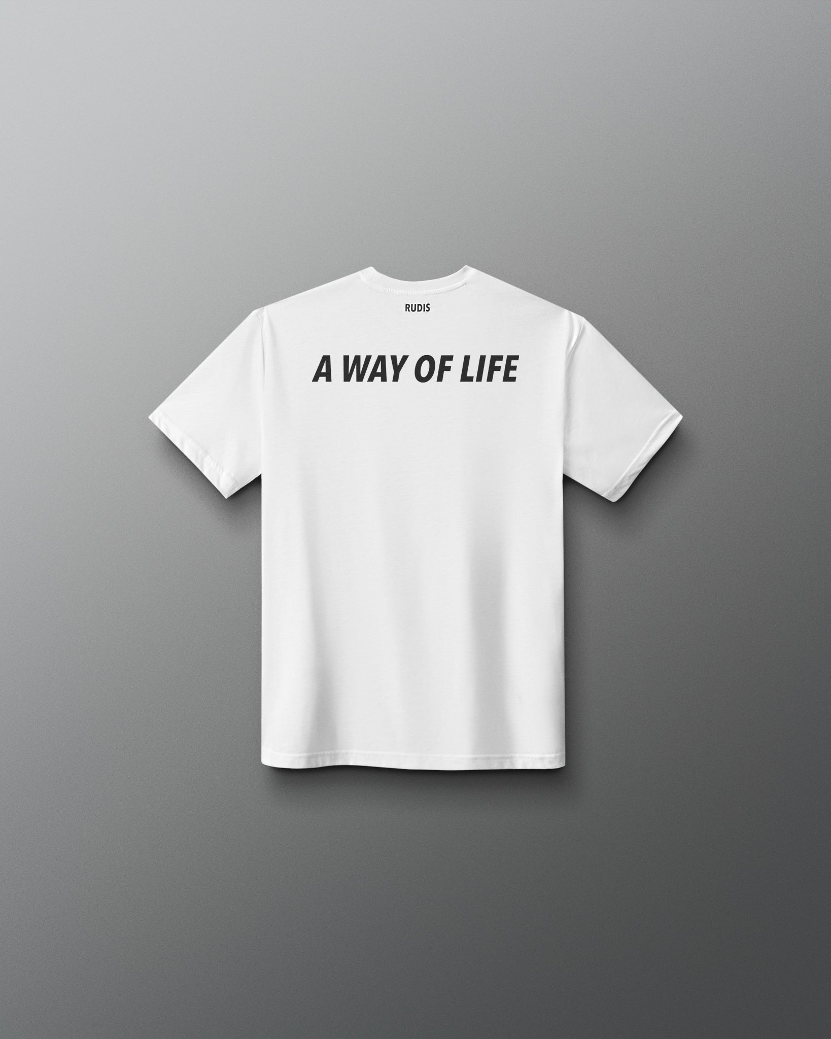White t-shirt with 'A Way of Life' text on a gray background